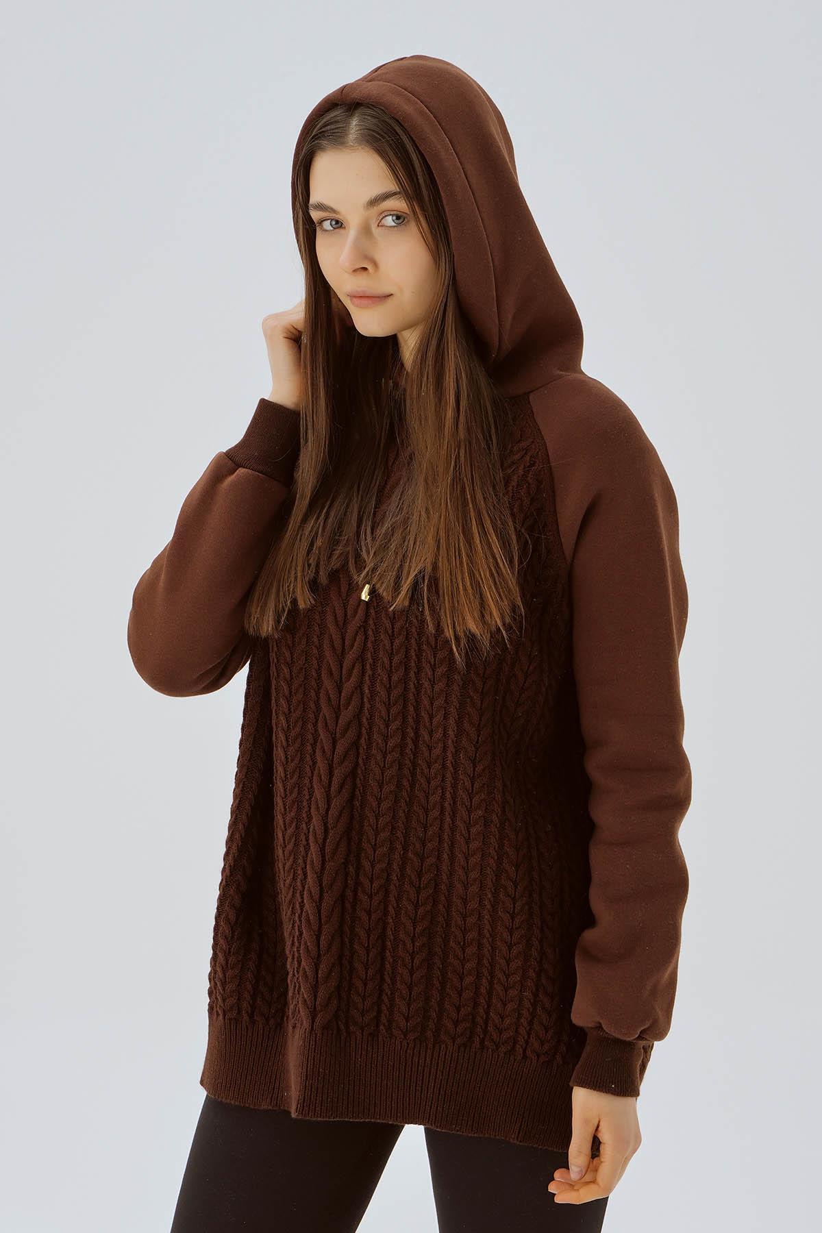 Kahve Kapüşonlu Triko Detay Sweat 3500 - 4
