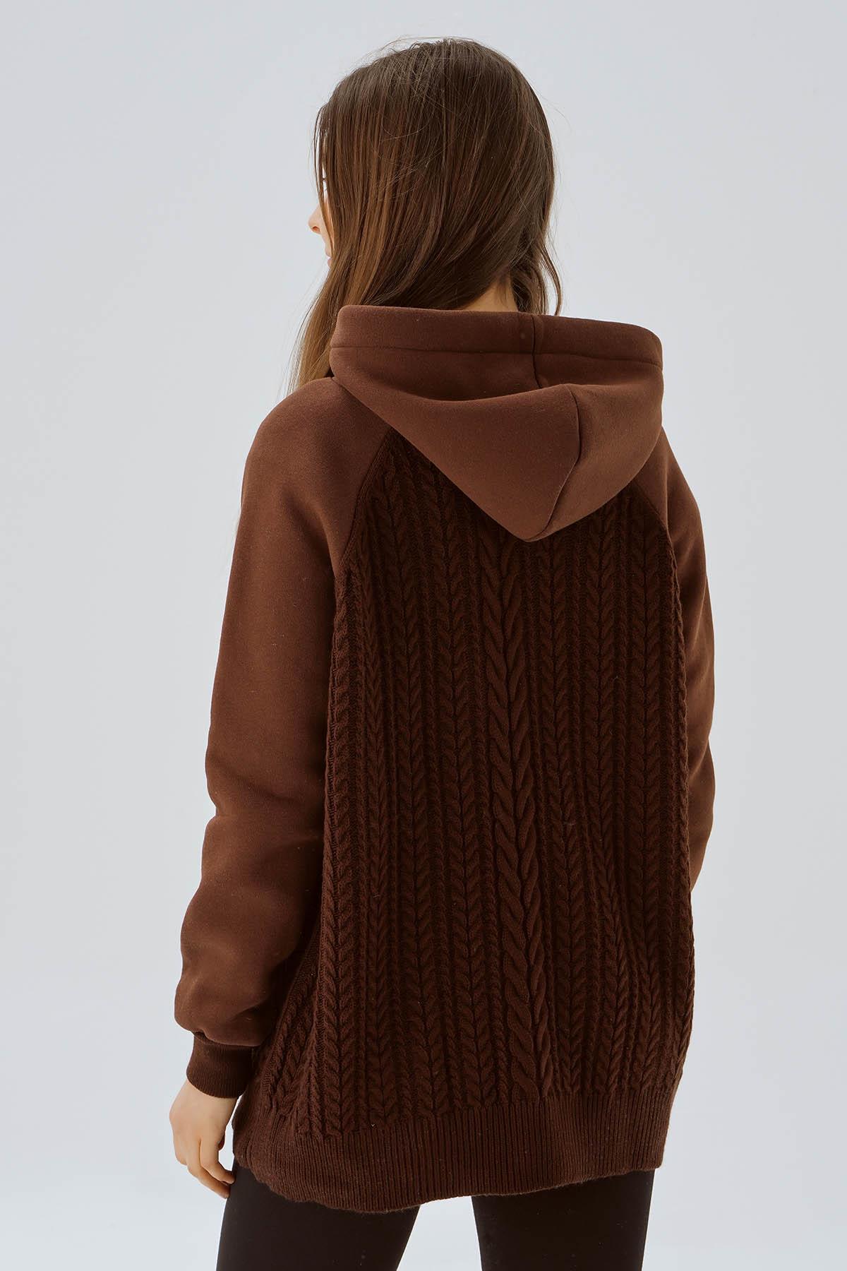 Kahve Kapüşonlu Triko Detay Sweat 3500 - 5