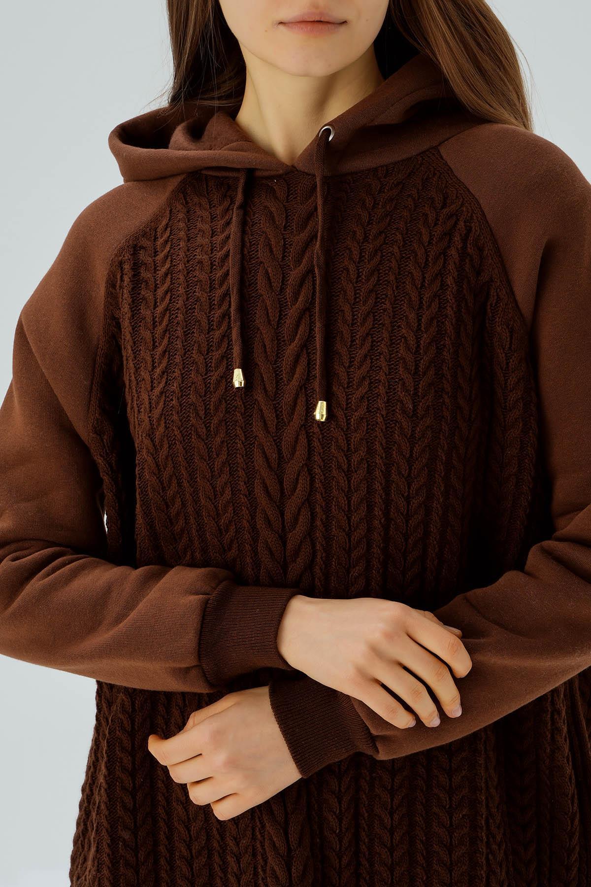 Kahve Kapüşonlu Triko Detay Sweat 3500 - 6
