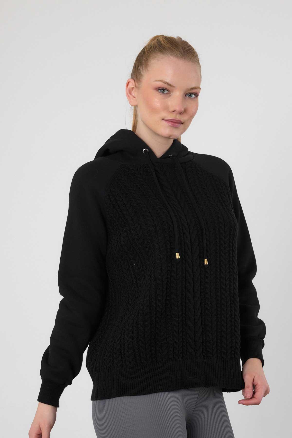 3500 Kapüşonlu Triko Detay Sweat Siyah - 7