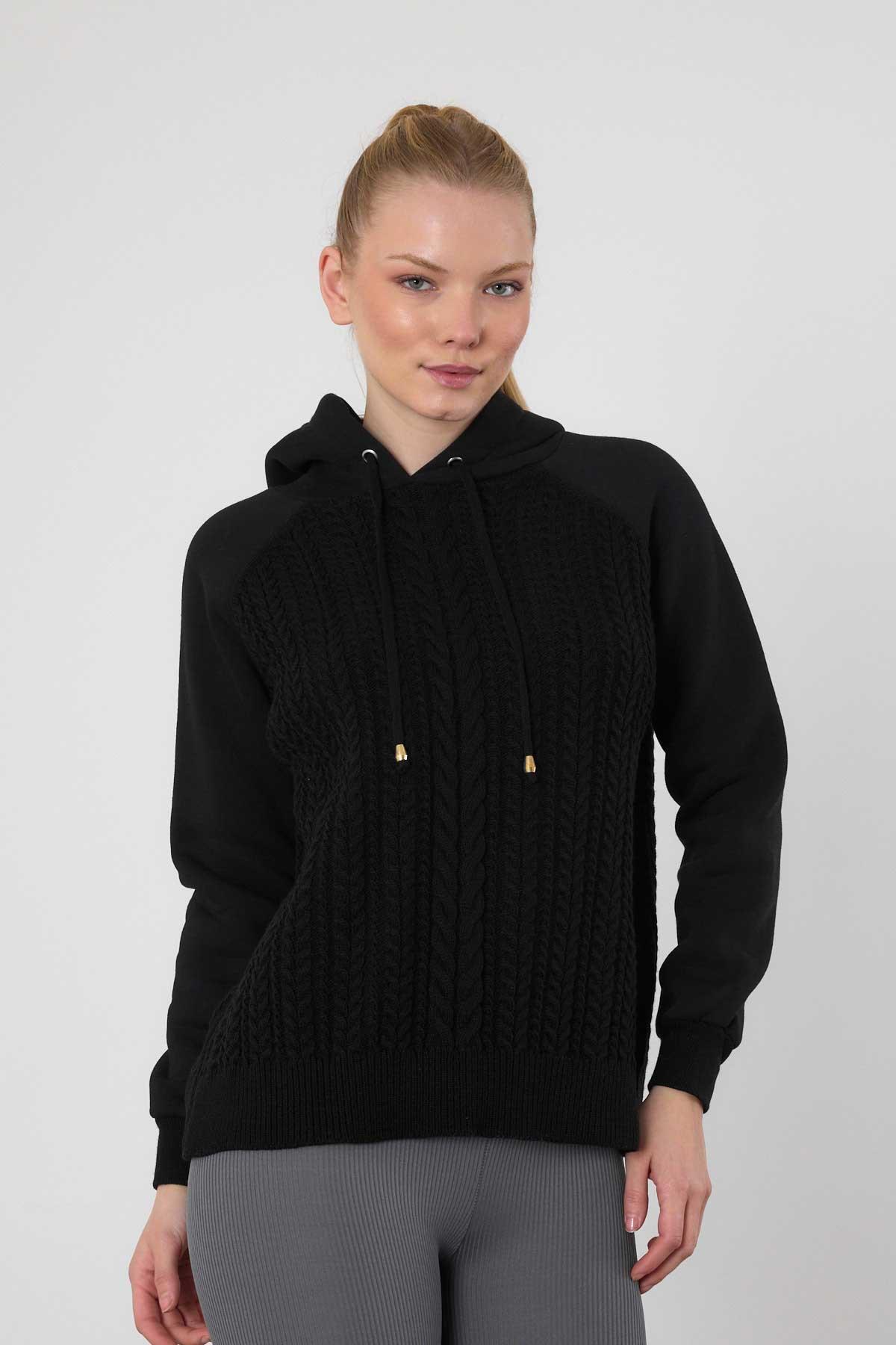 3500 Kapüşonlu Triko Detay Sweat Siyah 