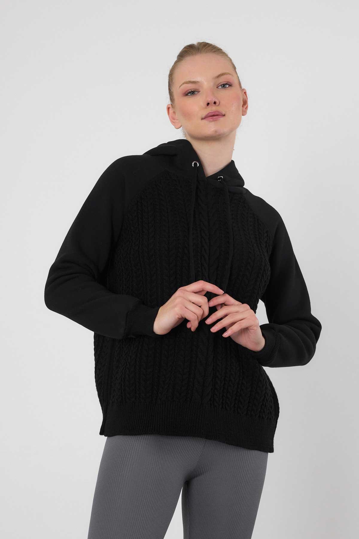 Siyah Kapüşonlu Triko Detay Sweat 3500 - 2