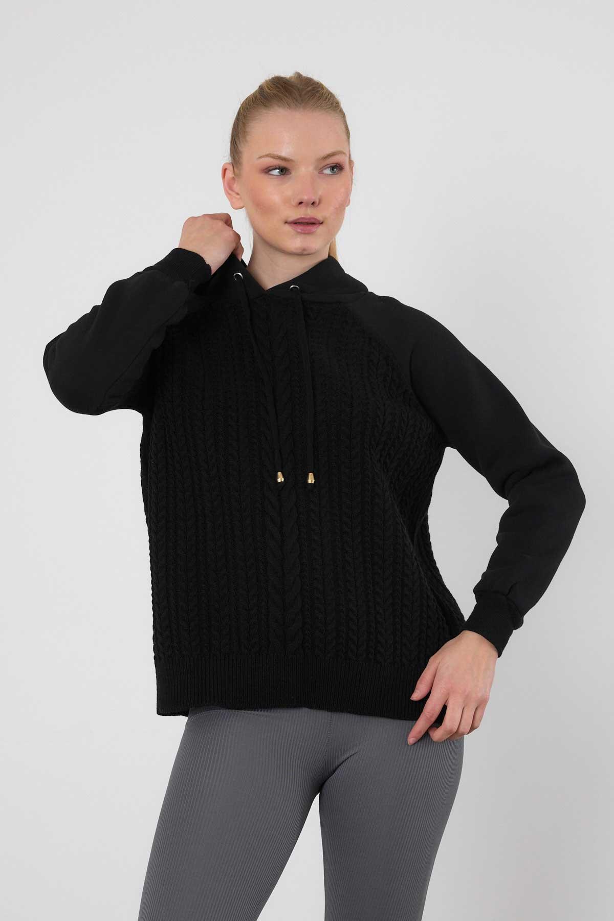 Siyah Kapüşonlu Triko Detay Sweat 3500 - 3