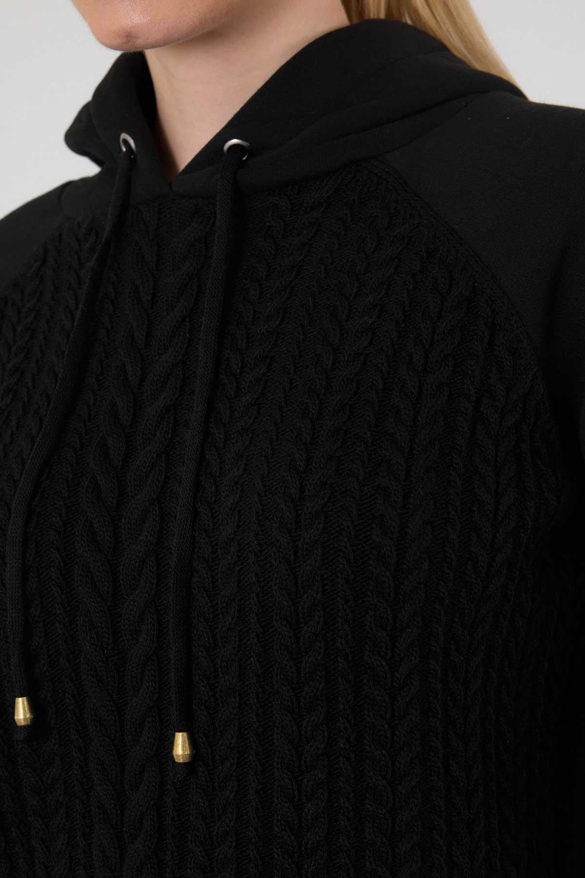 Siyah Kapüşonlu Triko Detay Sweat 3500 - 5