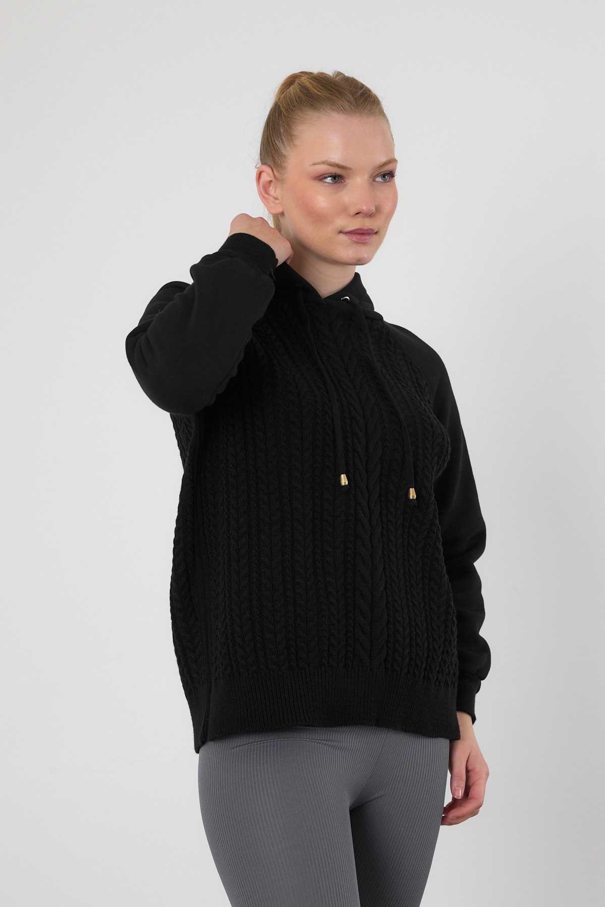 Siyah Kapüşonlu Triko Detay Sweat 3500 - 8