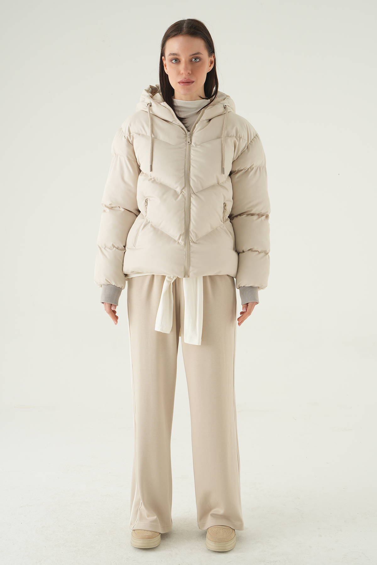 3505 Kapüşonlu Cepli Mont Bej - 3