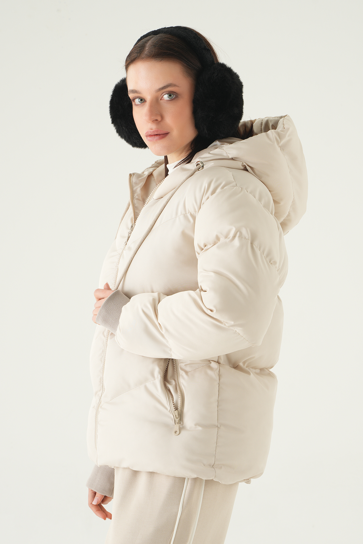3505 Kapüşonlu Cepli Mont Bej - 6