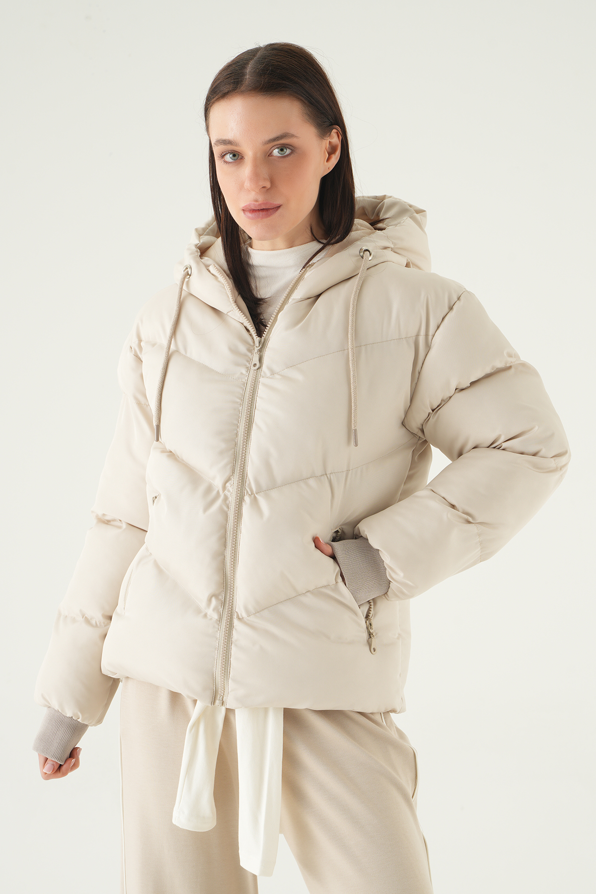 Bej Kapüşonlu Cepli Mont 3505 - 1