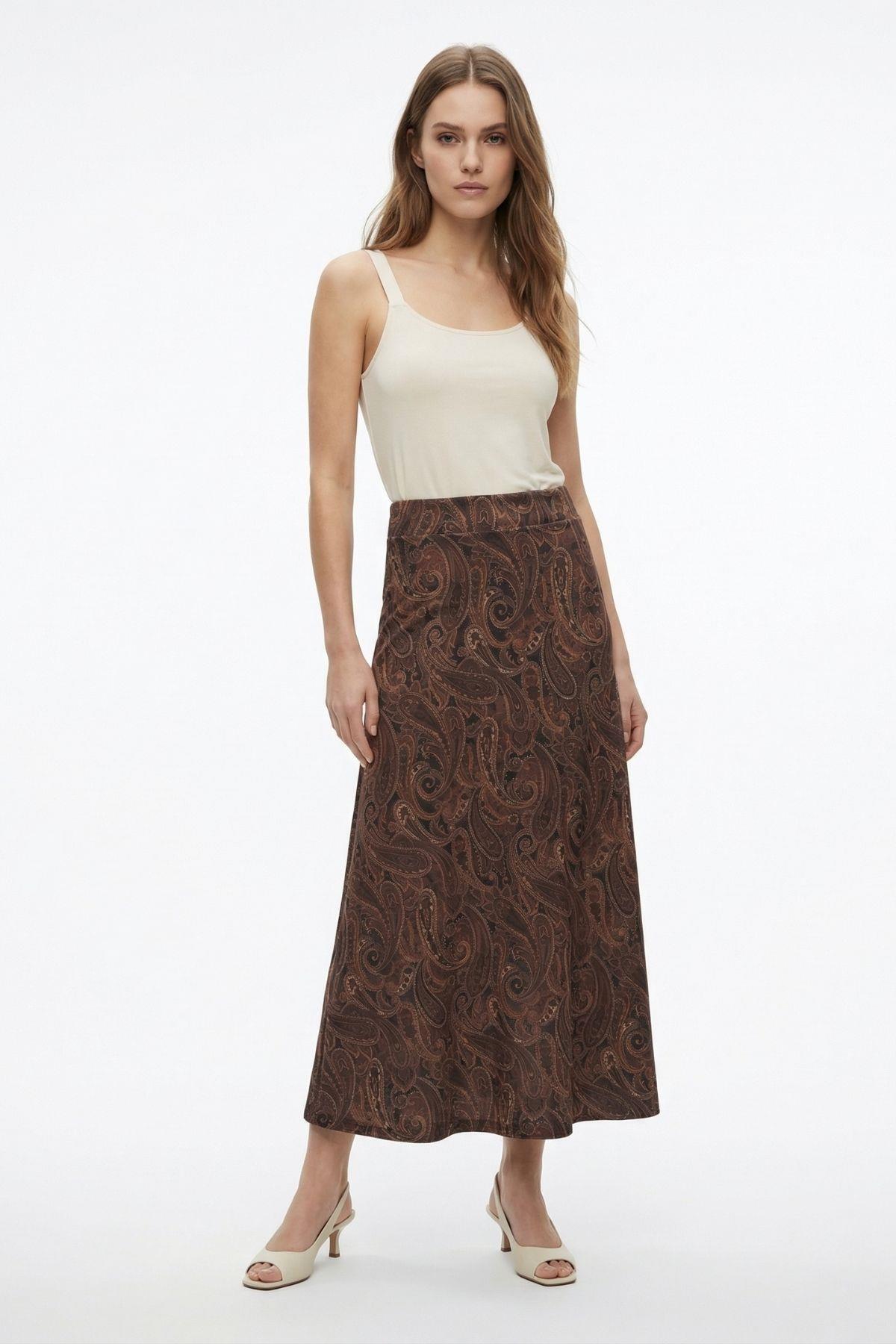 Acı Kahve Yaprak Desenli Etek 3507 - 1