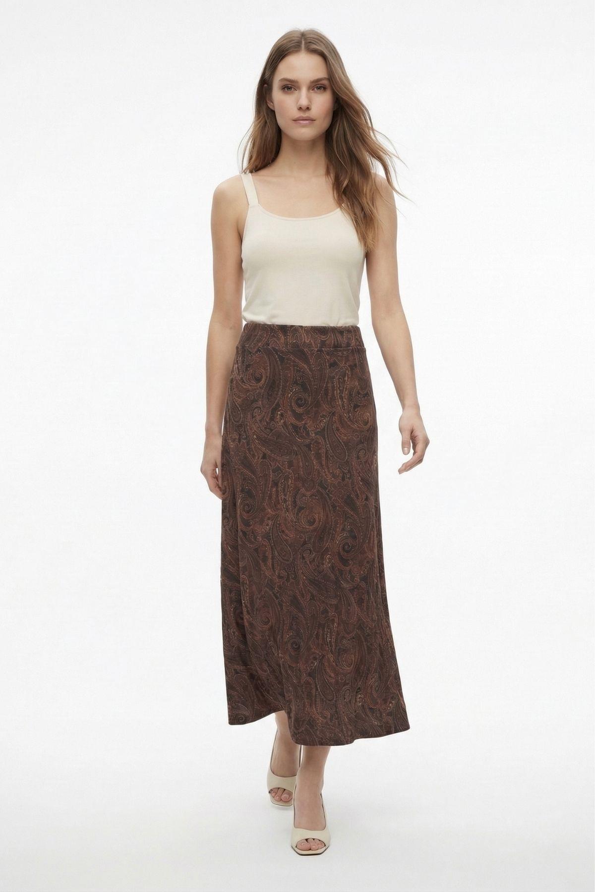 Acı Kahve Yaprak Desenli Etek 3507 - RAYS