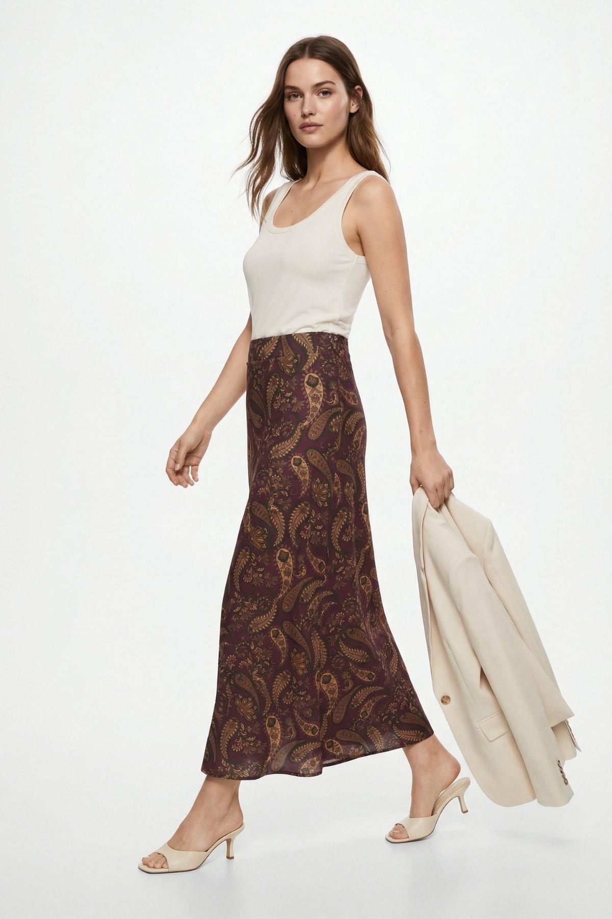 Bordo Yaprak Desenli Etek 3507 - 1