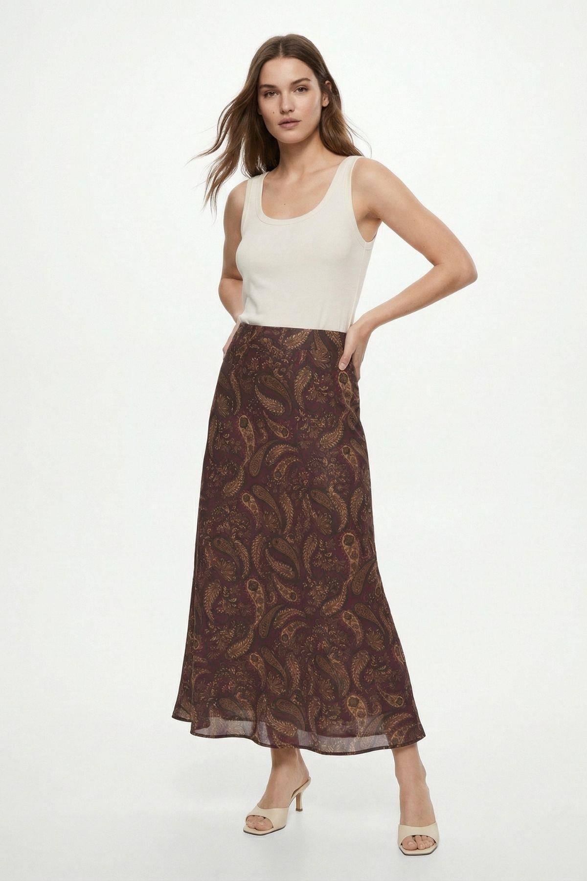 Bordo Yaprak Desenli Etek 3507 - RAYS