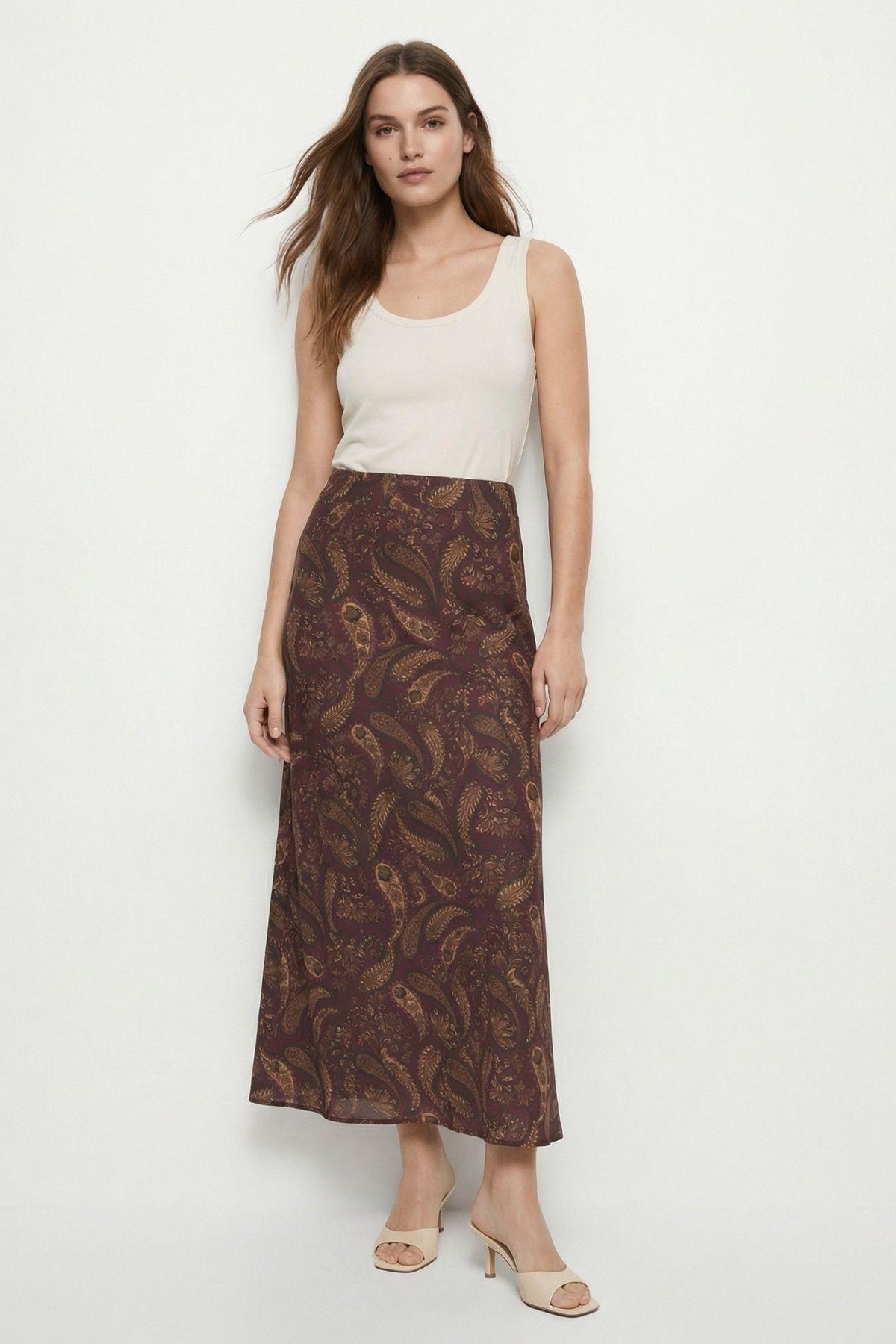 Yaprak Desenli Etek 3507 Bordo - 2