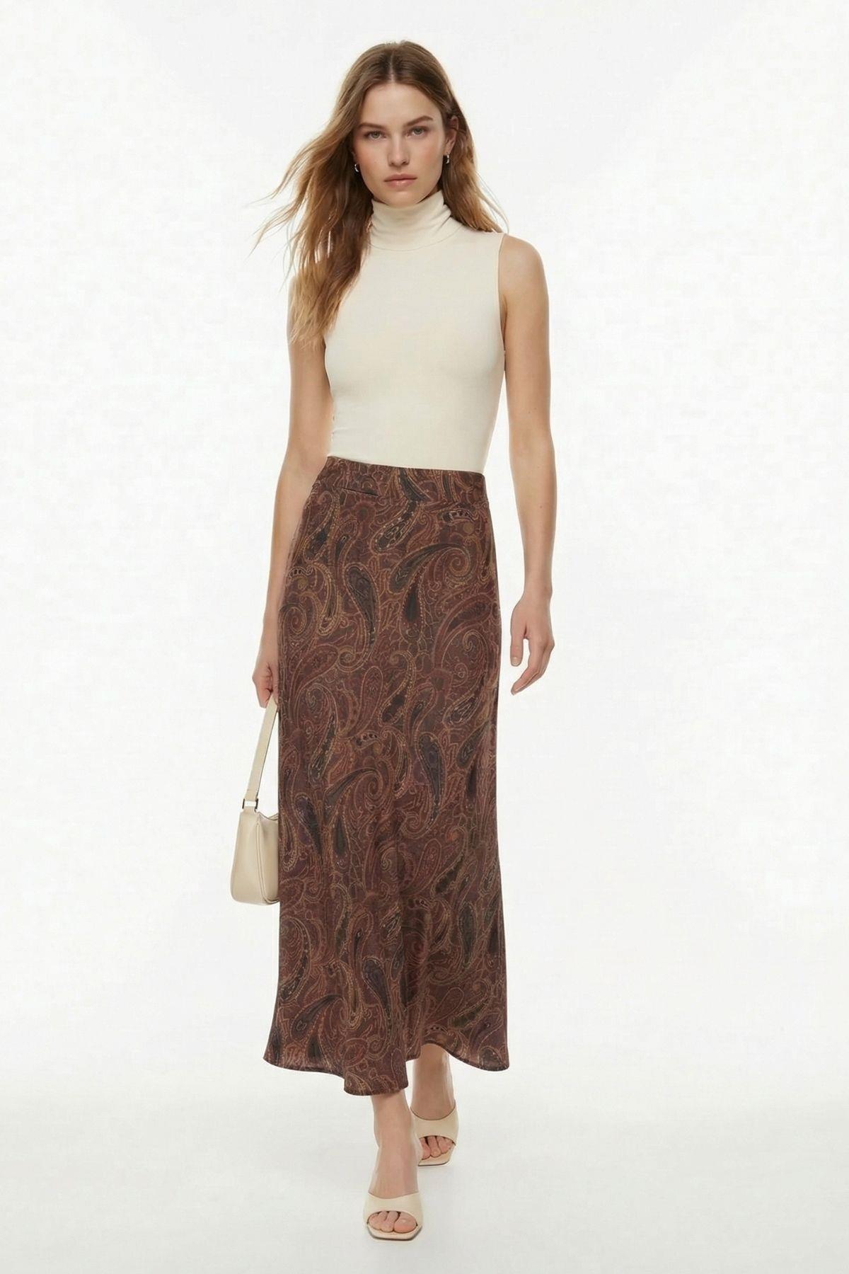 Kahve Yaprak Desenli Etek 3507 - 3