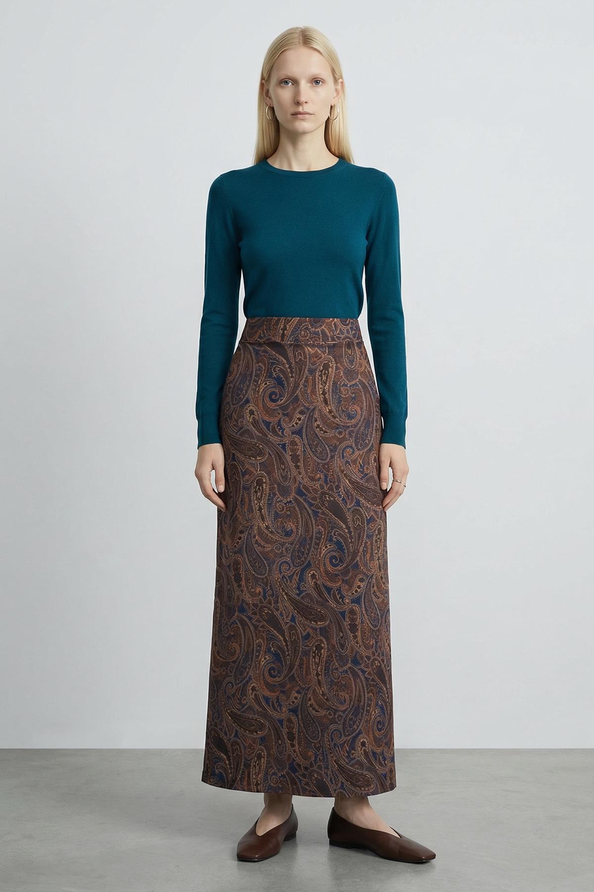 3507 Yaprak Desenli Etek Laci-Kahve - RAYS