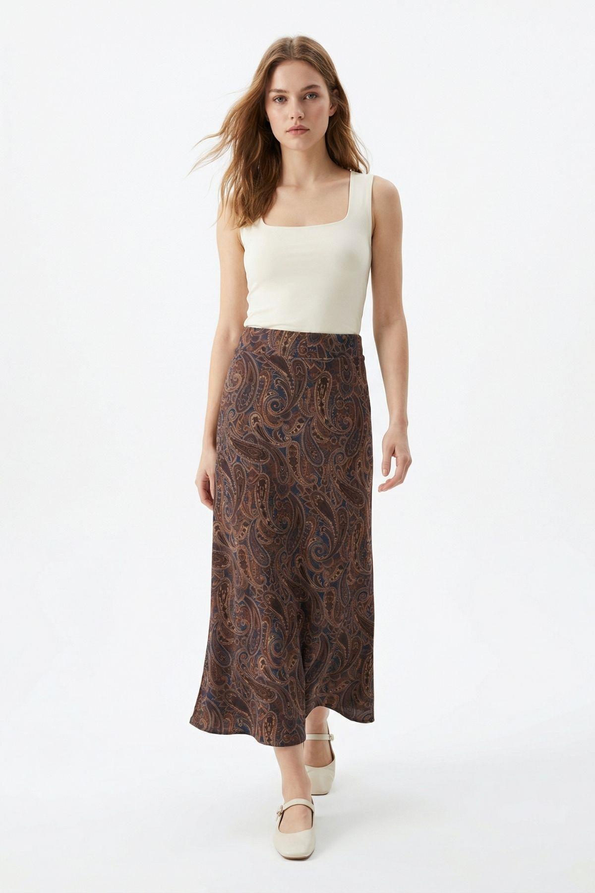 Laci-Kahve Yaprak Desenli Etek 3507 - RAYS