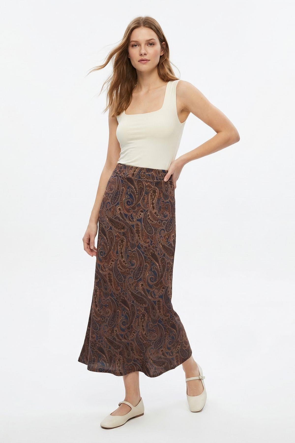 Laci-Kahve Yaprak Desenli Etek 3507 - RAYS