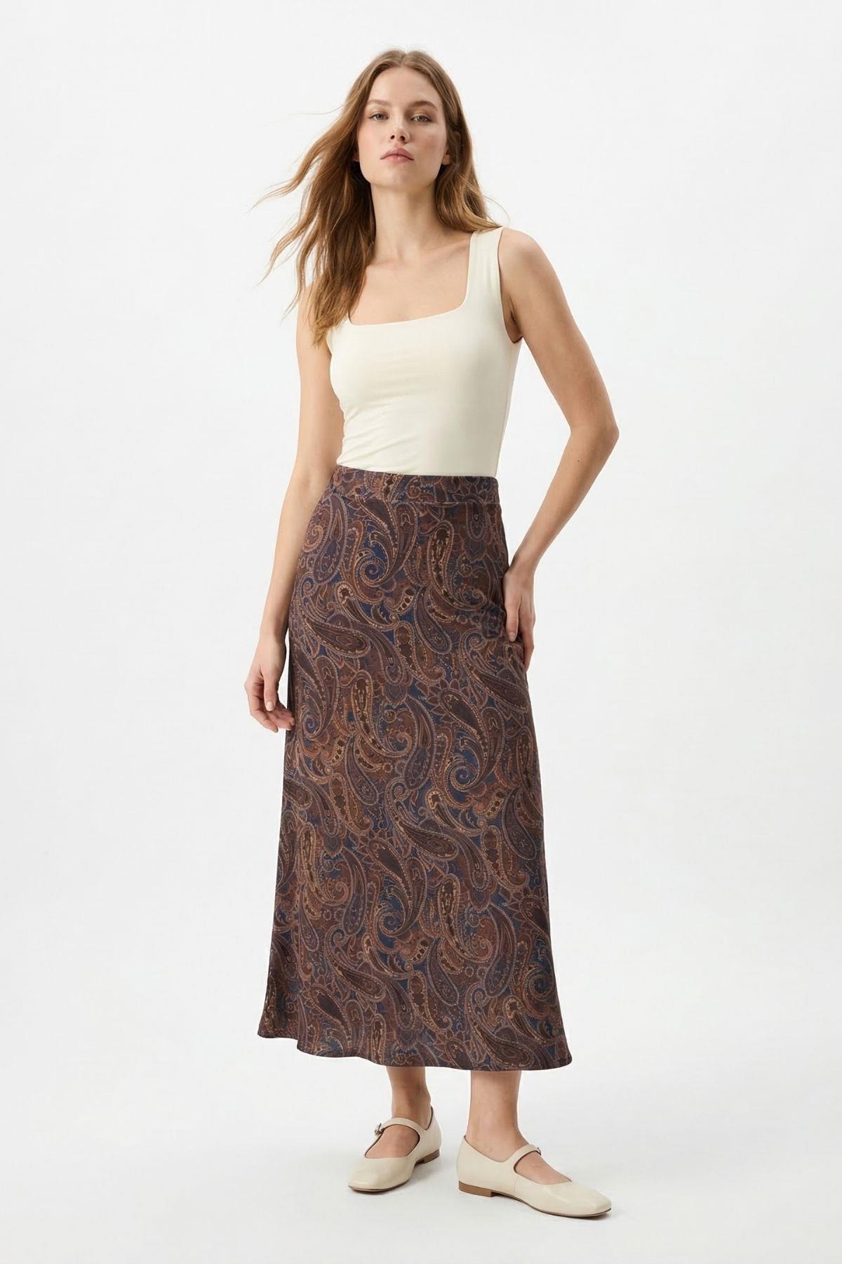 Yaprak Desenli Etek 3507 Laci-Kahve - 1