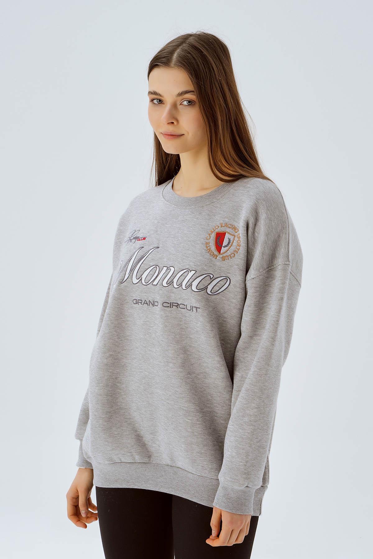 3518 Bisiklet Yaka Nakış Detay Sweat Gri - 3