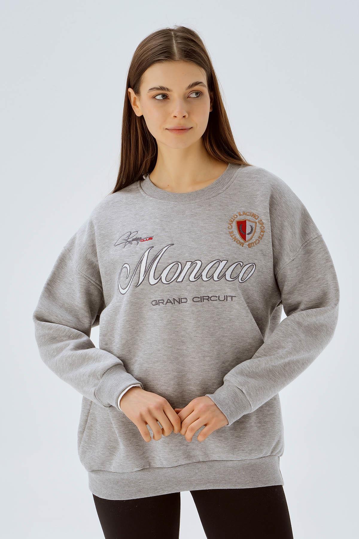 3518 Bisiklet Yaka Nakış Detay Sweat Gri - 4