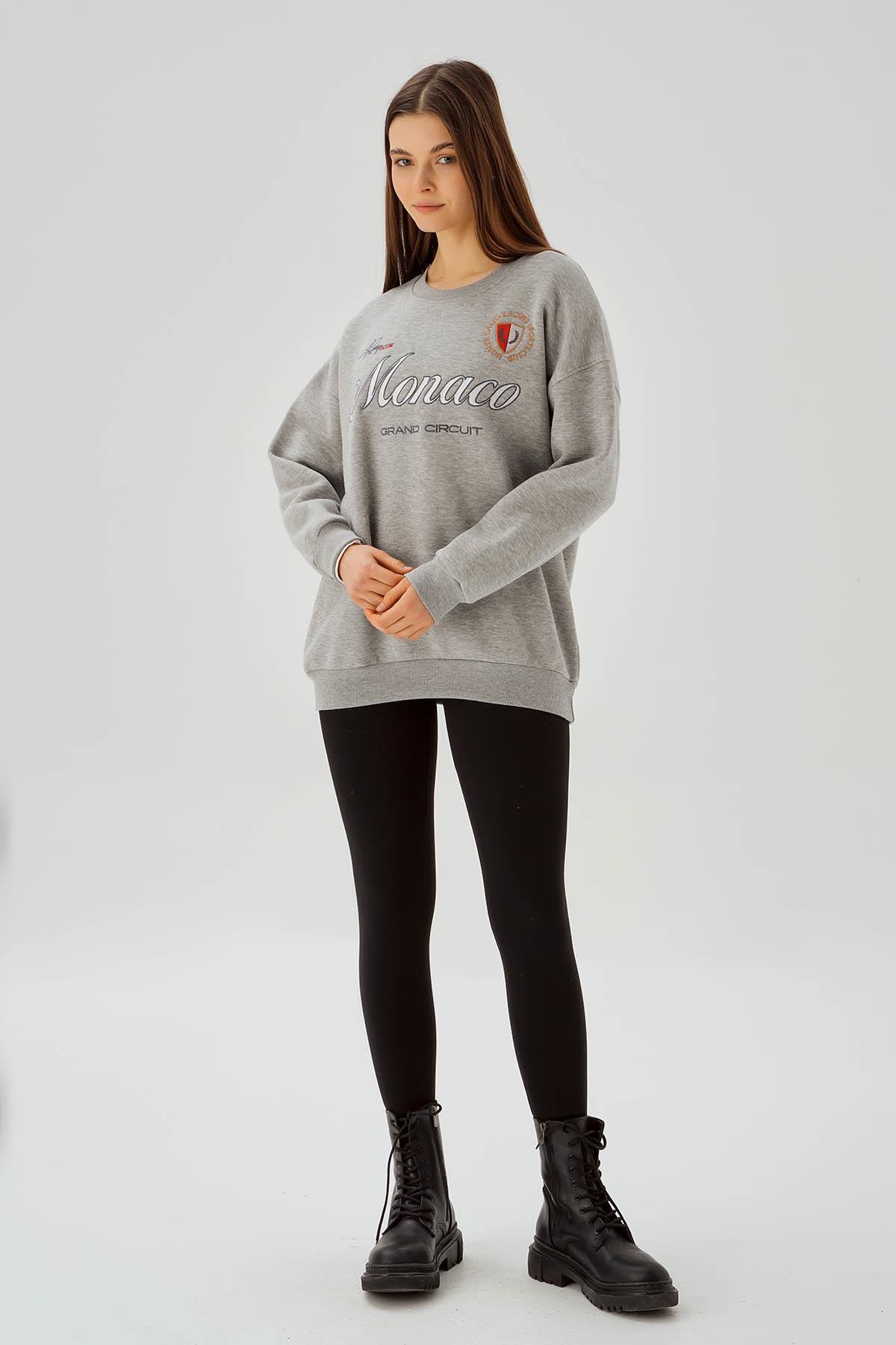 Gri Bisiklet Yaka Nakış Detay Sweat 3518 - 1