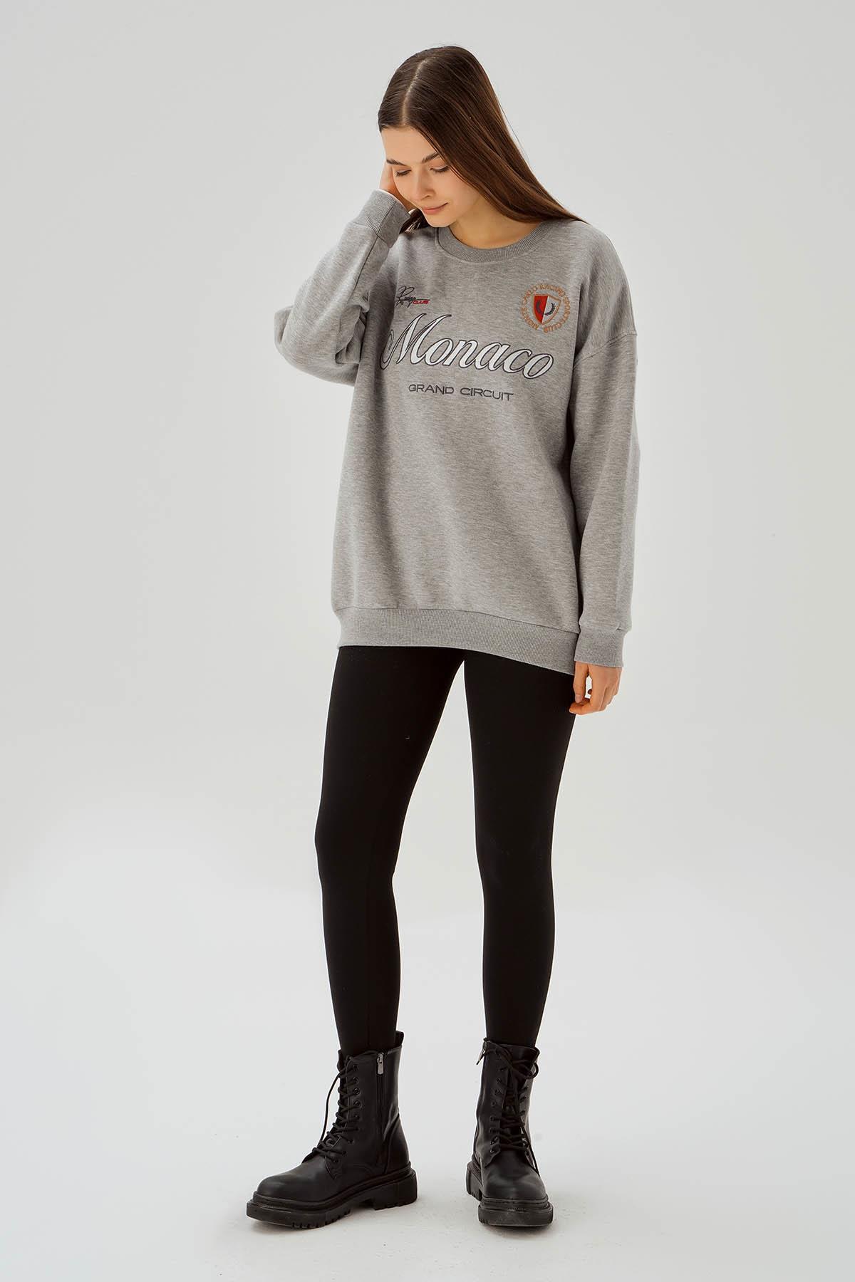 Gri Bisiklet Yaka Nakış Detay Sweat 3518 - 2