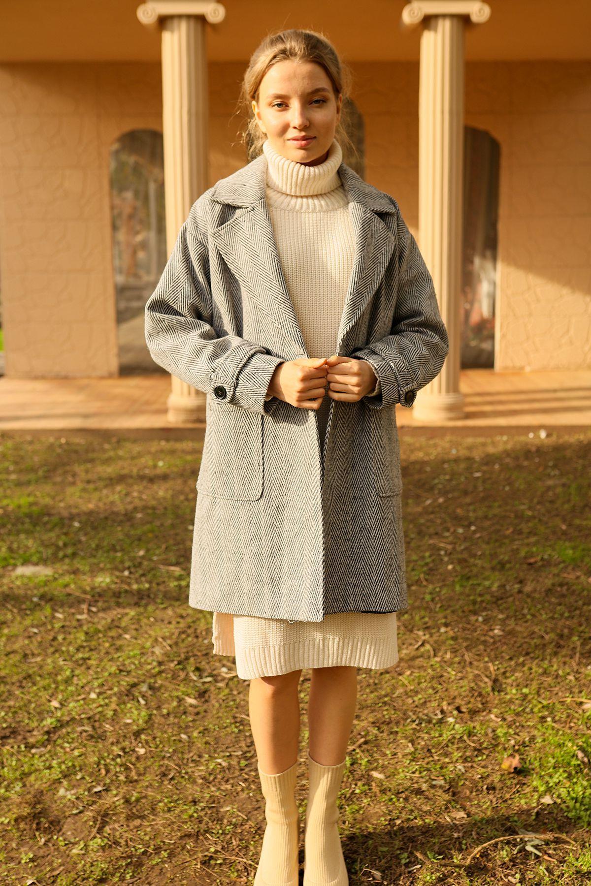 3554 Çift Düğme Oversize Kaban Gri 