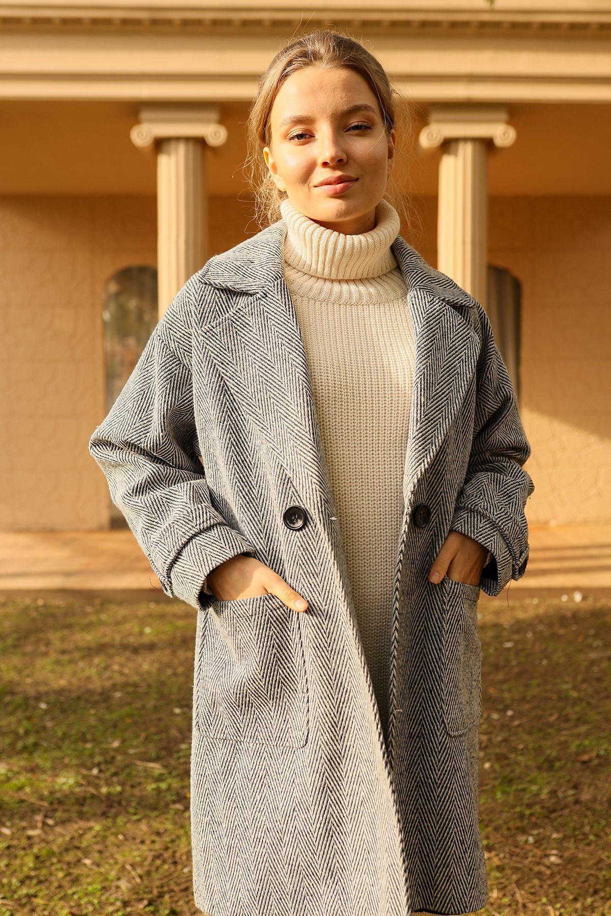 3554 Çift Düğme Oversize Kaban Gri - 3