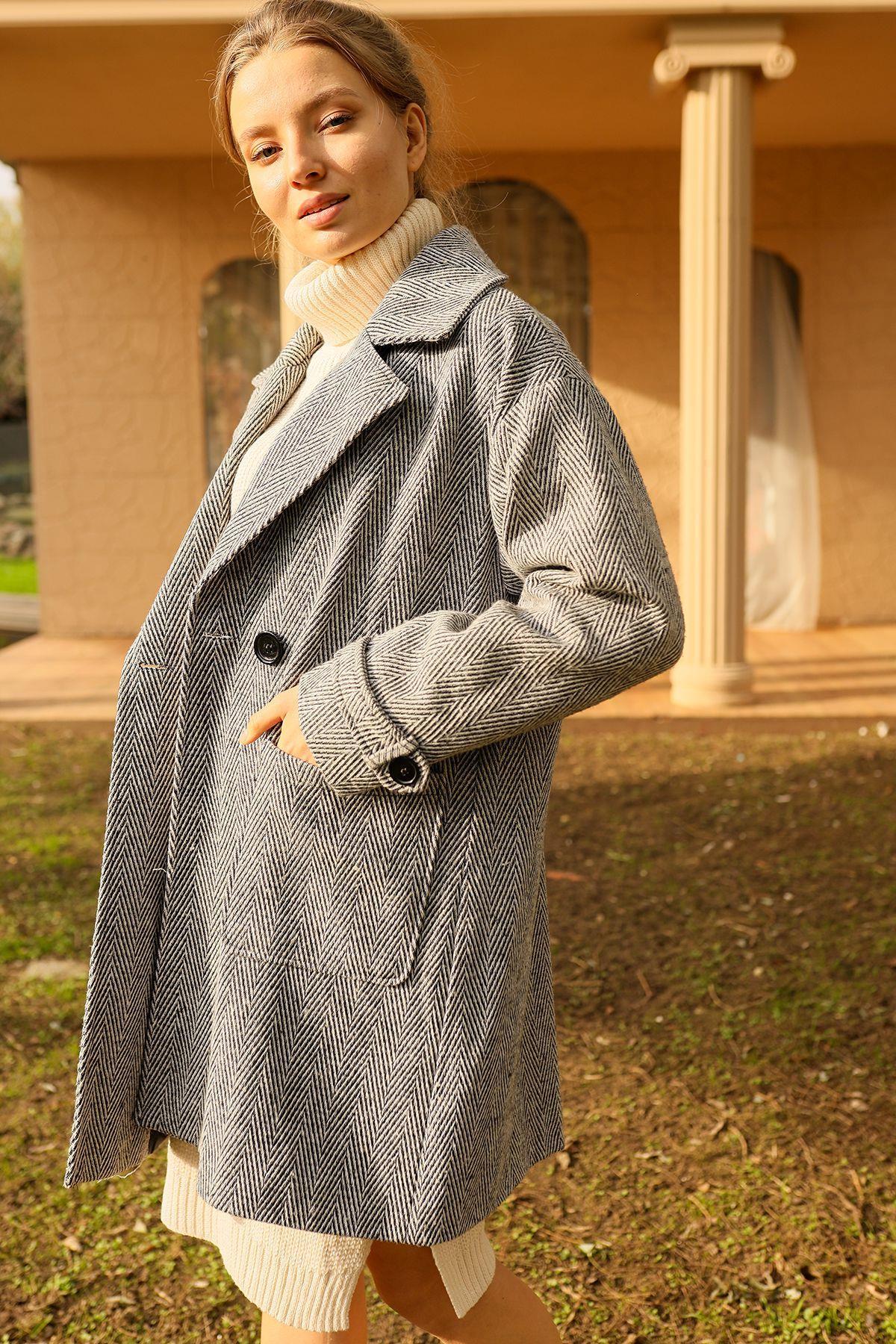 3554 Çift Düğme Oversize Kaban Gri - 4