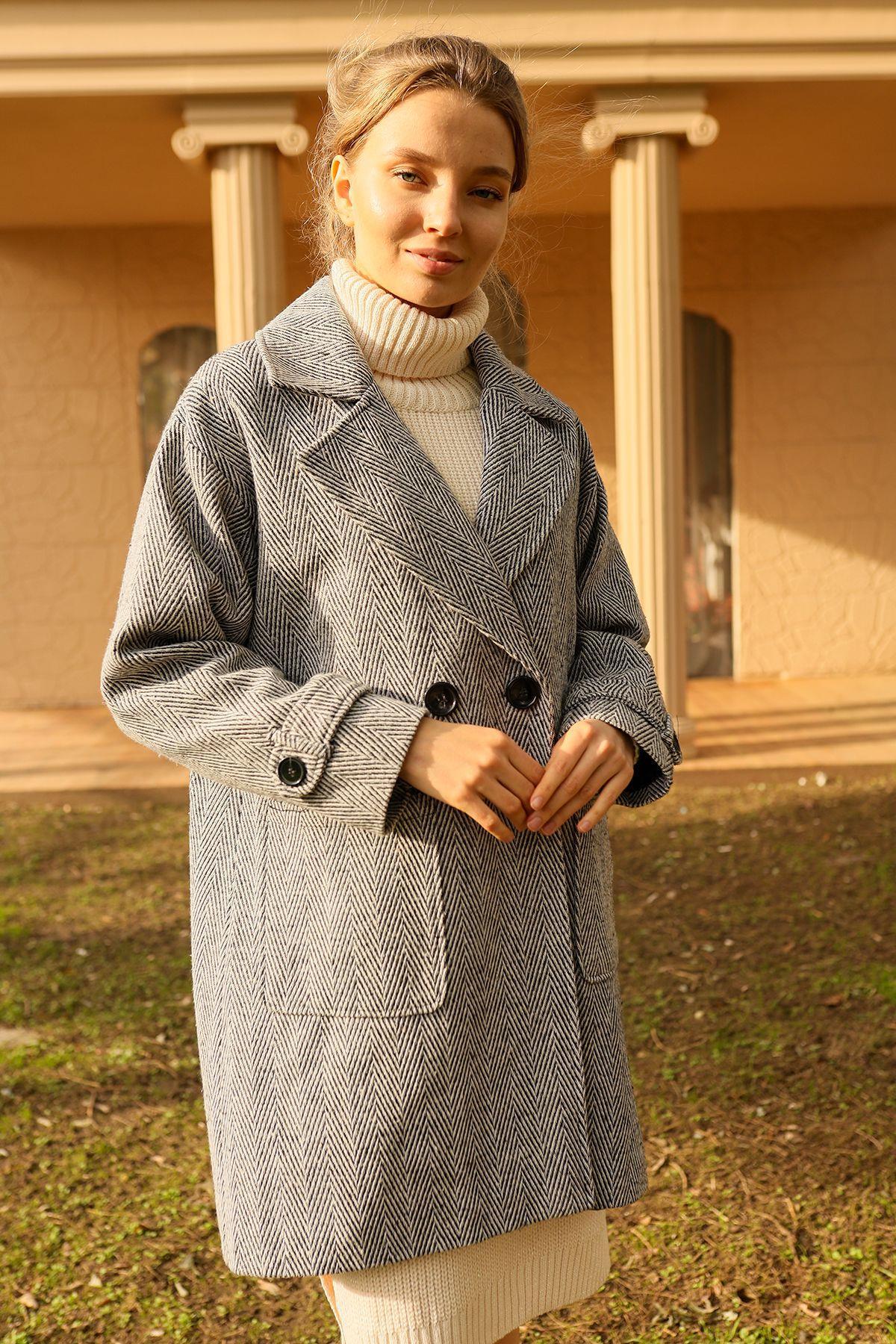 3554 Çift Düğme Oversize Kaban Gri - 7