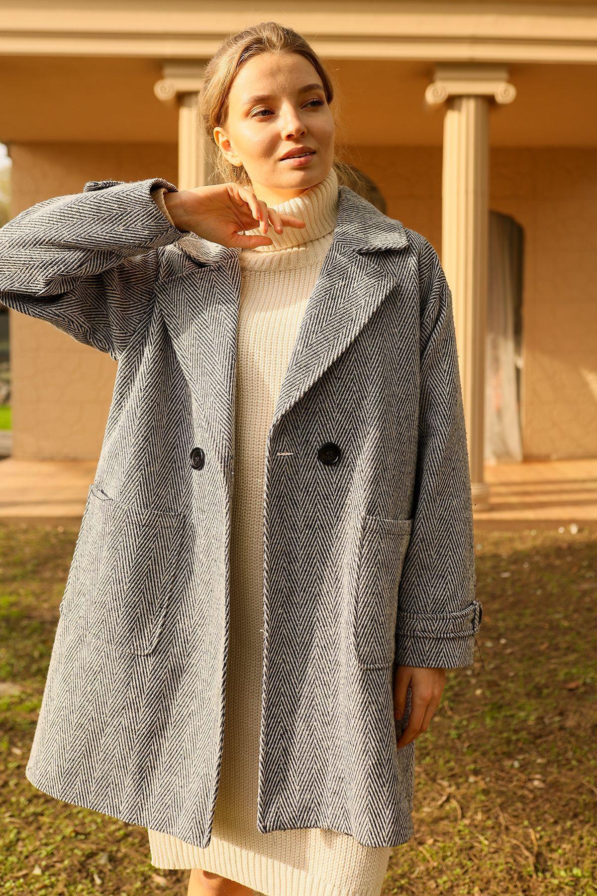 Gri Çift Düğme Oversize Kaban 3554 - 5