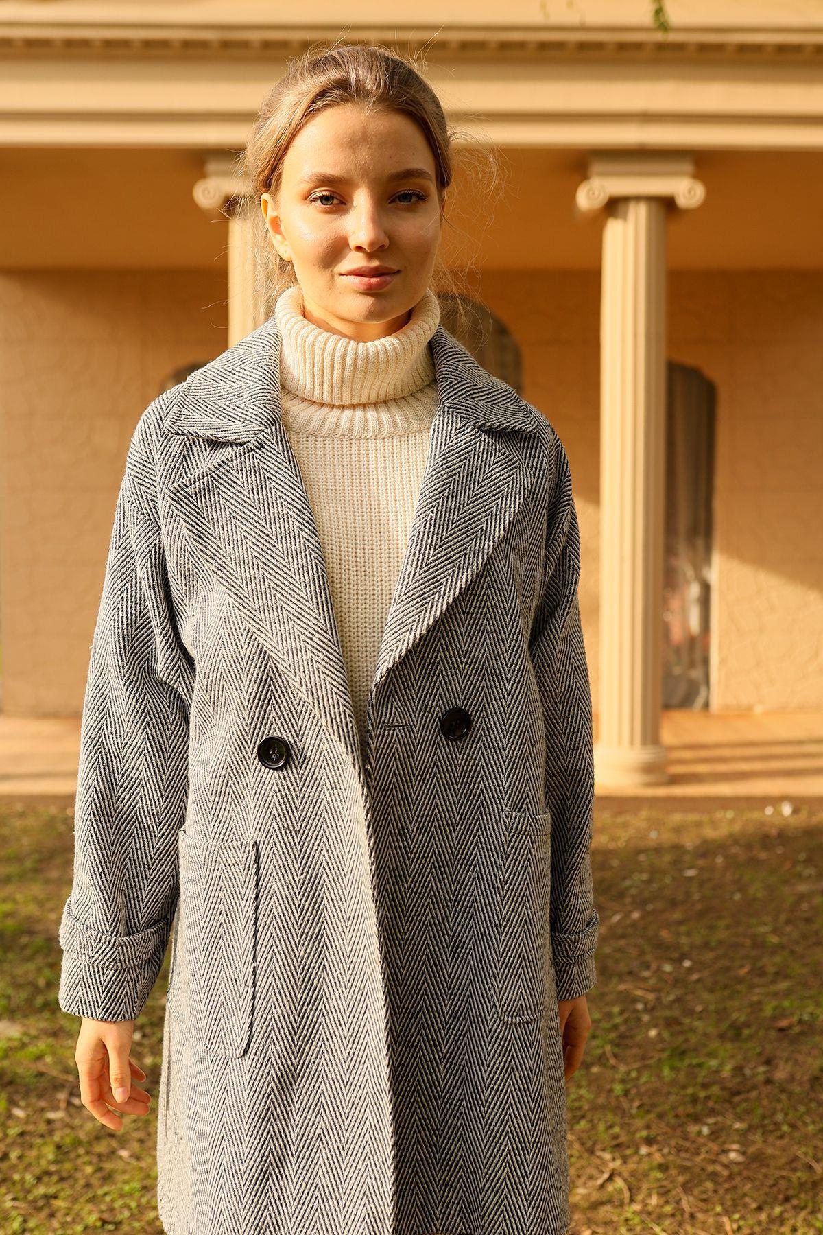 Gri Çift Düğme Oversize Kaban 3554 - 6