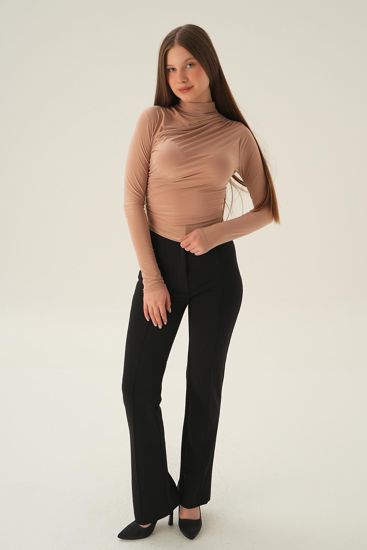 Bej Omuz Pileli Bluz 3568 - 3