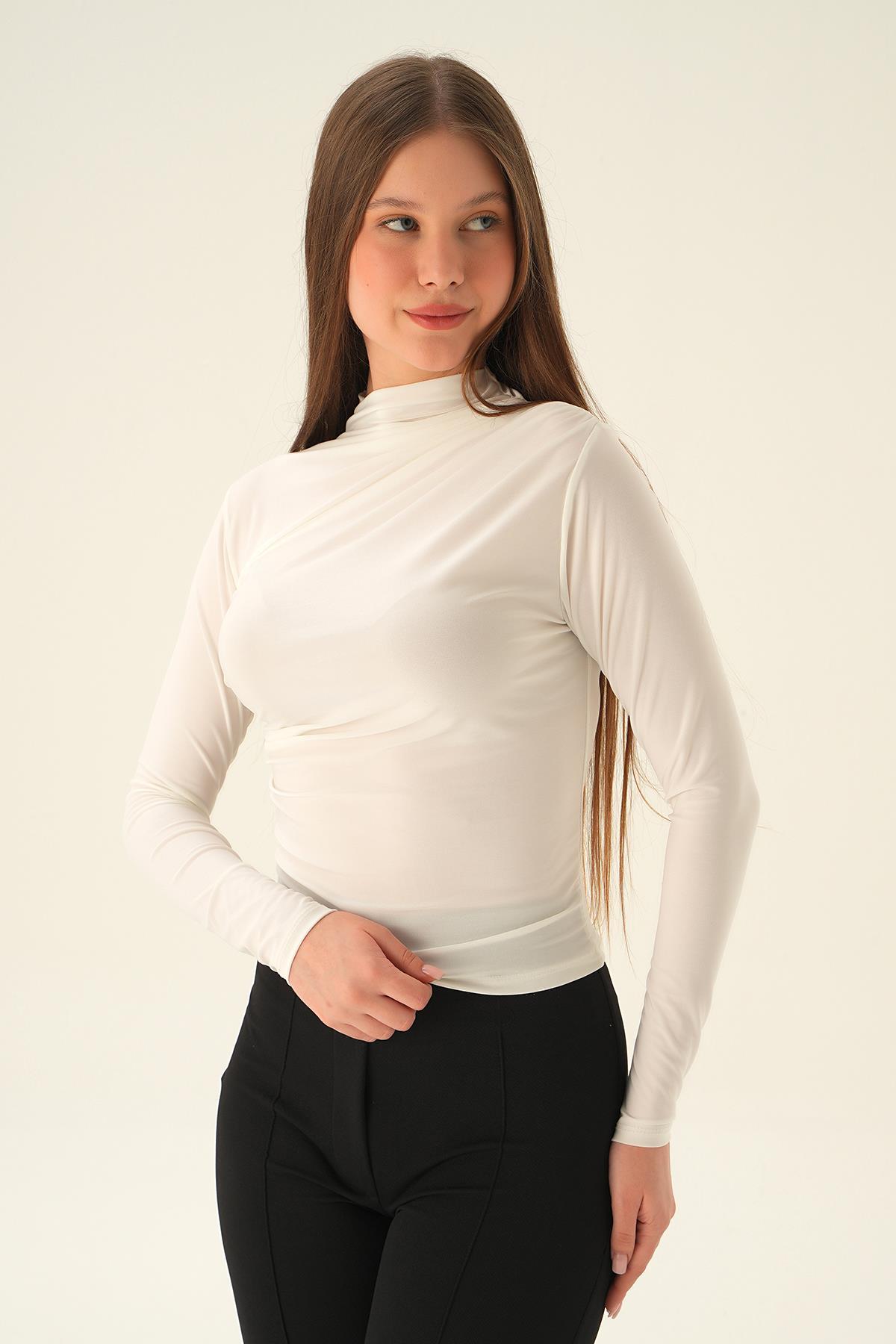 3568 Omuz Pleli Bluz Beyaz - 2