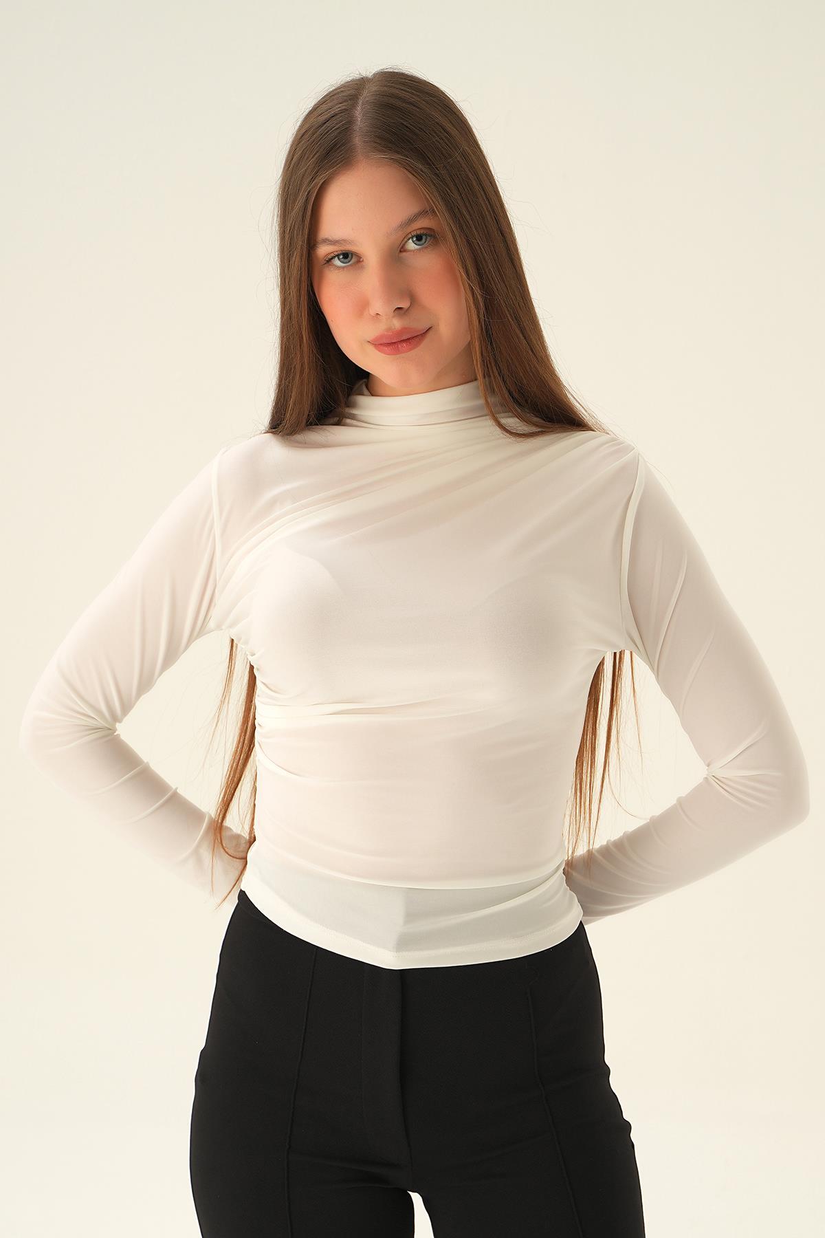 3568 Omuz Pleli Bluz Beyaz - 4