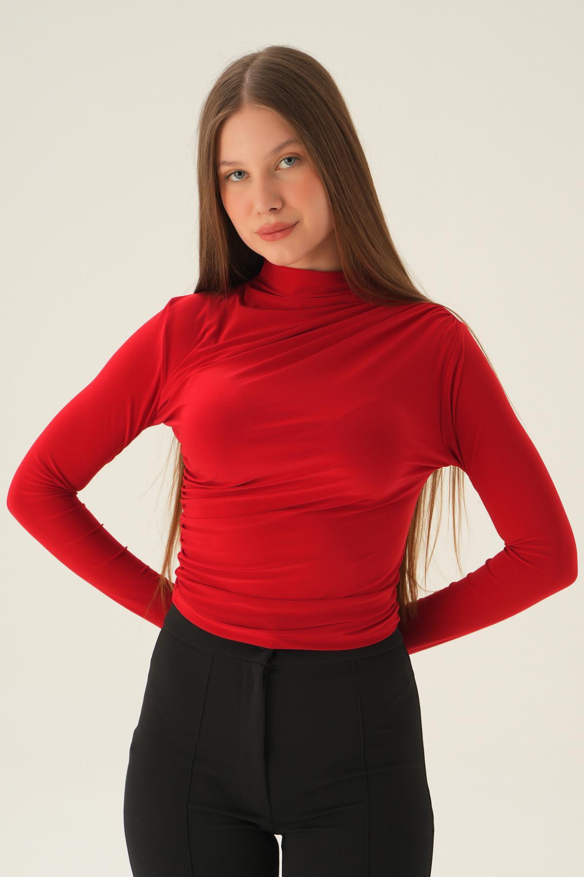 Kırmızı Omuz Pileli Bluz 3568 - 3