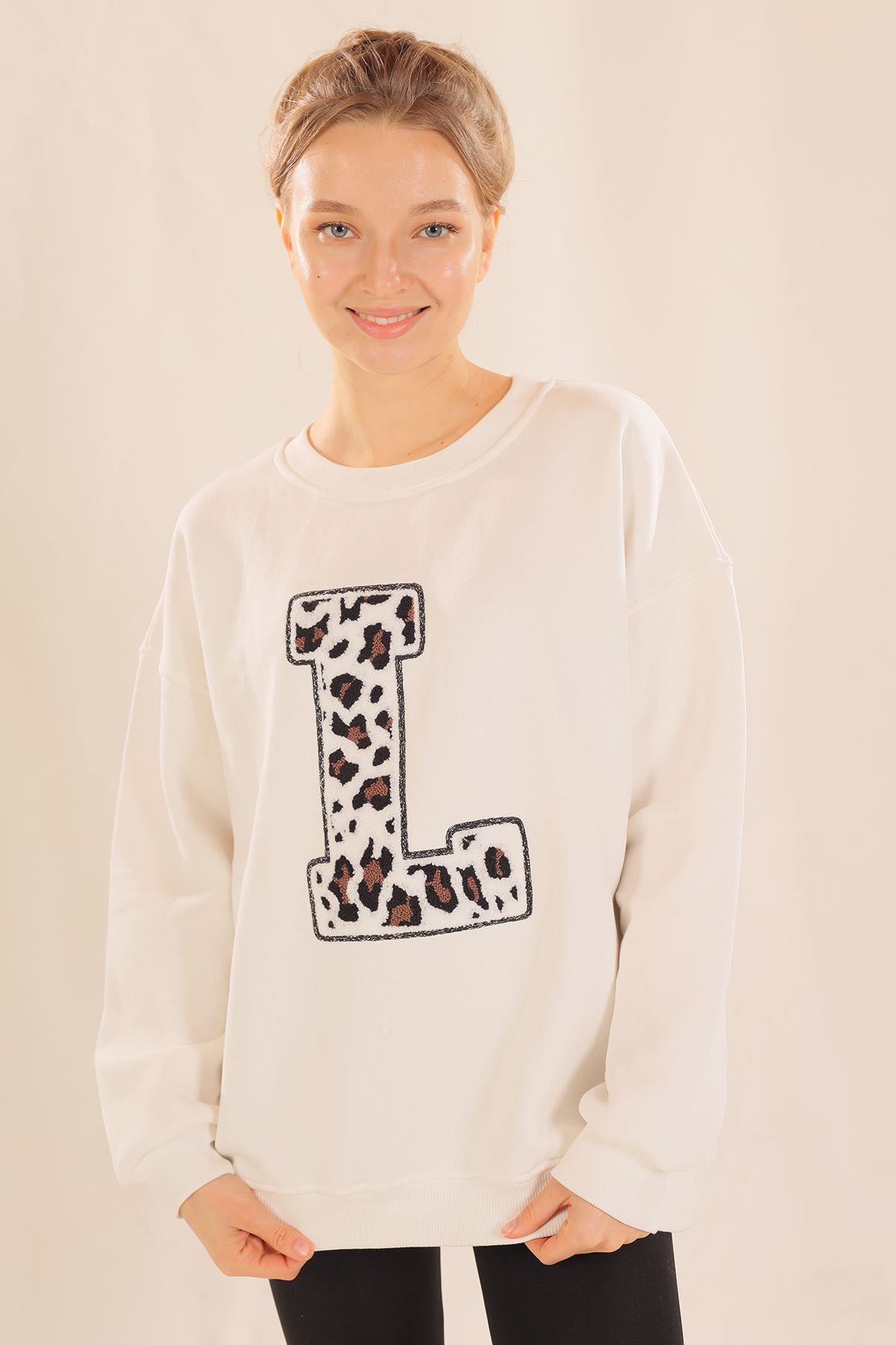 3569 Leopar Detay Sweat Ekru 