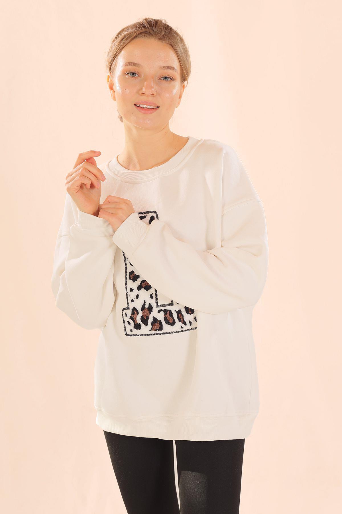 Ekru Leopar Detay Sweat 3569 - 2