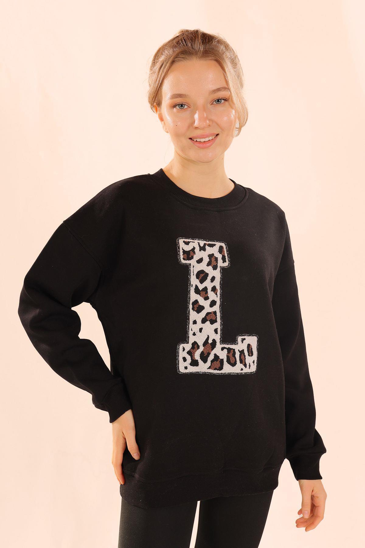 Siyah Leopar Detay Sweat 3569 - 1