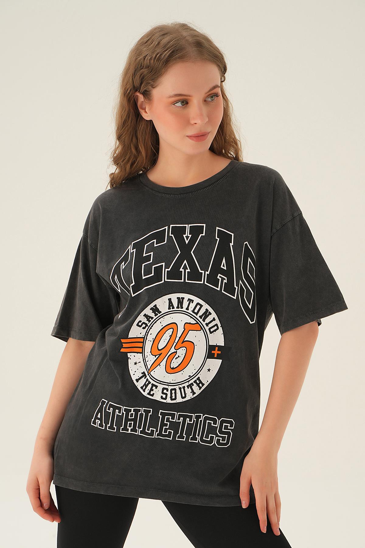 3583 Texas Baskı Oversize Tişört Antrasit - 1
