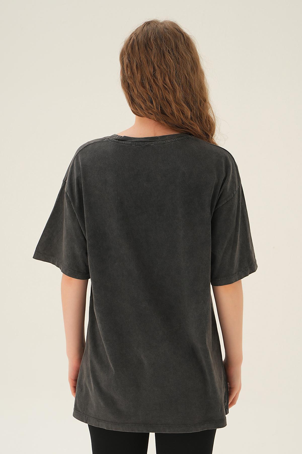 3583 Texas Baskı Oversize Tişört Antrasit - 4