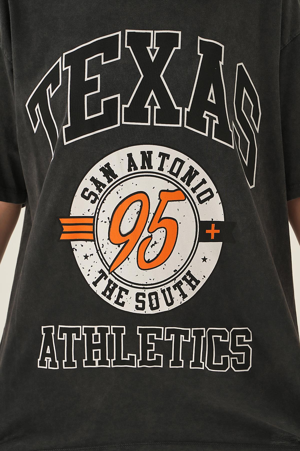 3583 Texas Baskı Oversize Tişört Antrasit - 5