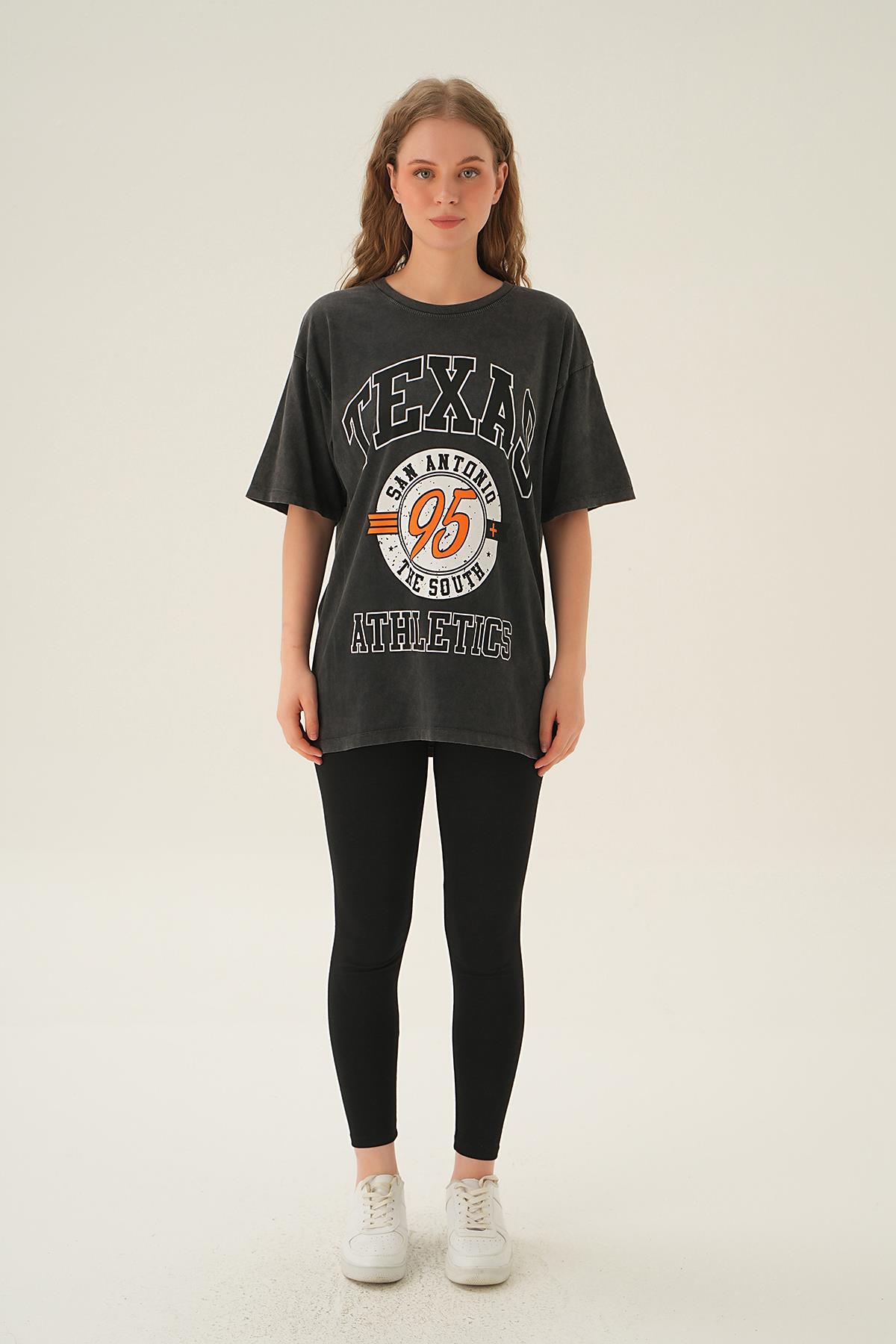 3583 Texas Baskı Oversize Tişört Antrasit - 6