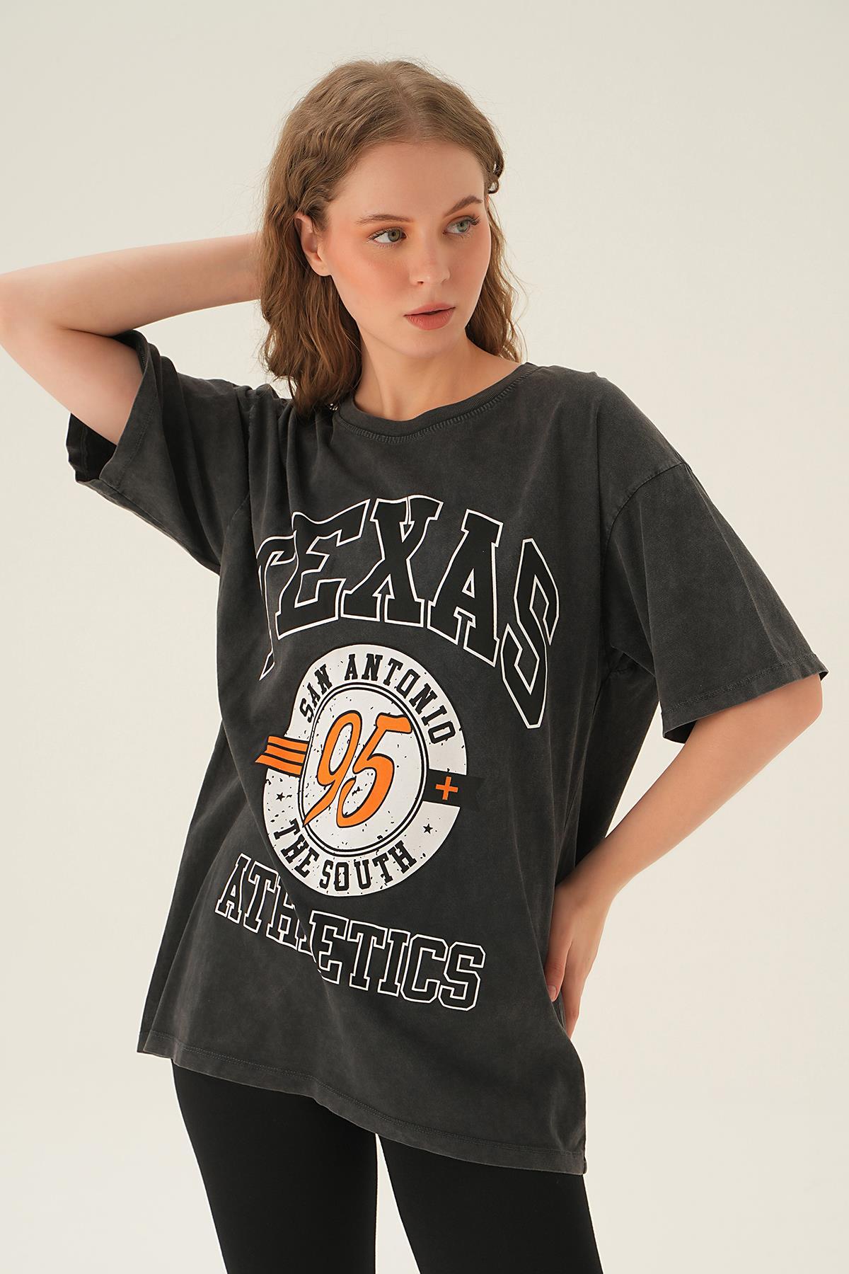 3583 Texas Baskı Oversize Tişört Antrasit - 3