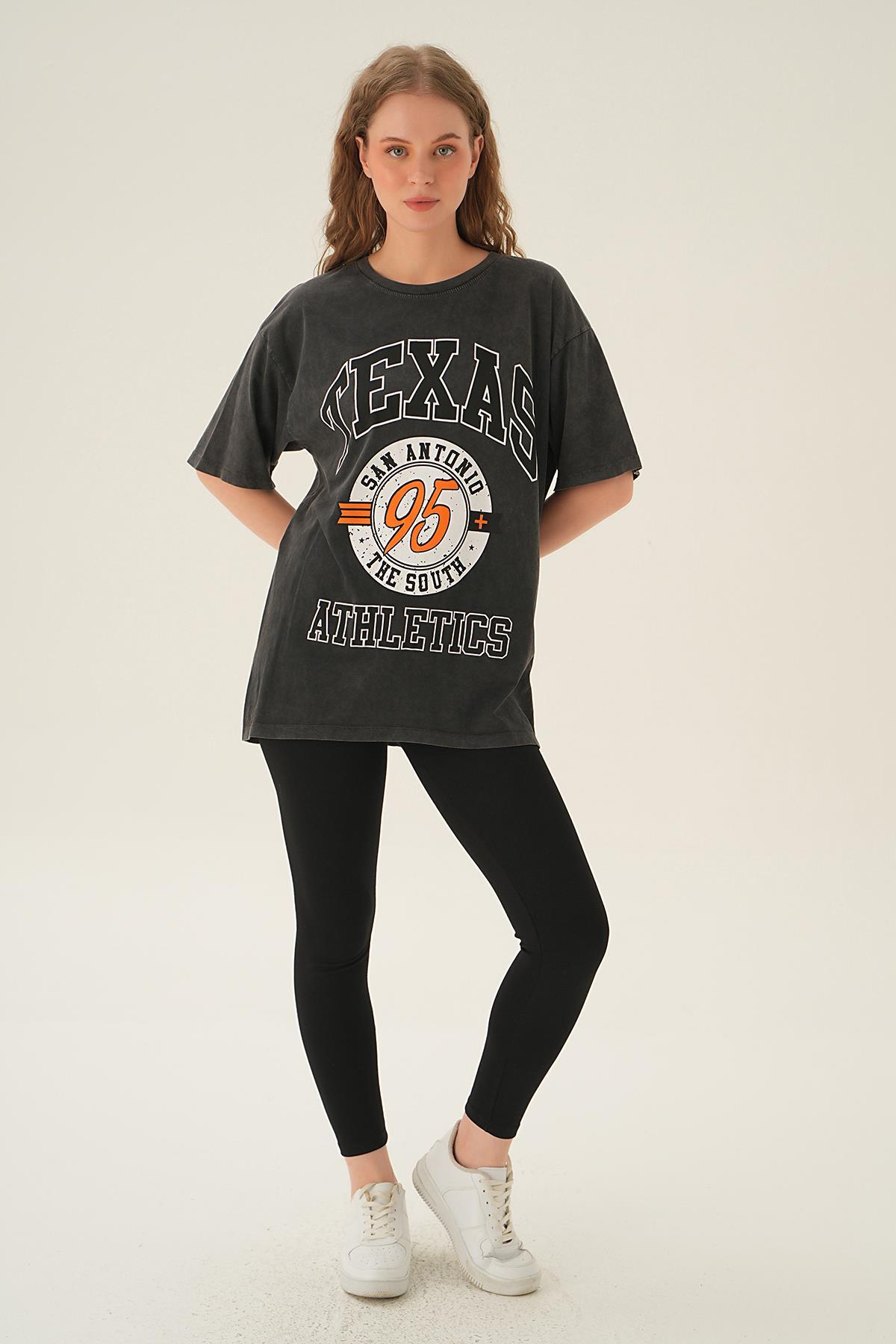 Antrasit Texas Baskı Oversize Tişört 3583 - 2