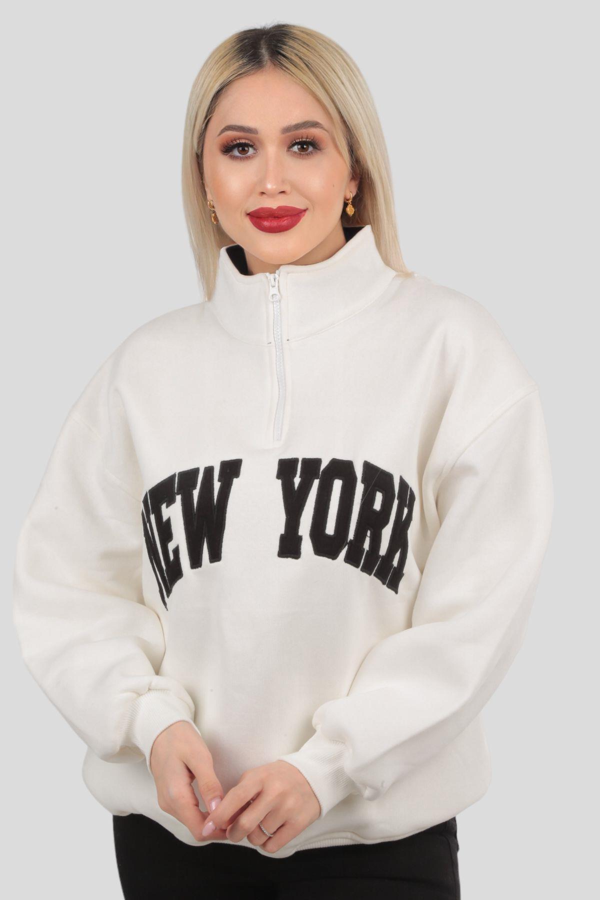 Ekru New York Baskılı Fermuarlı Sweat 3623 - 2