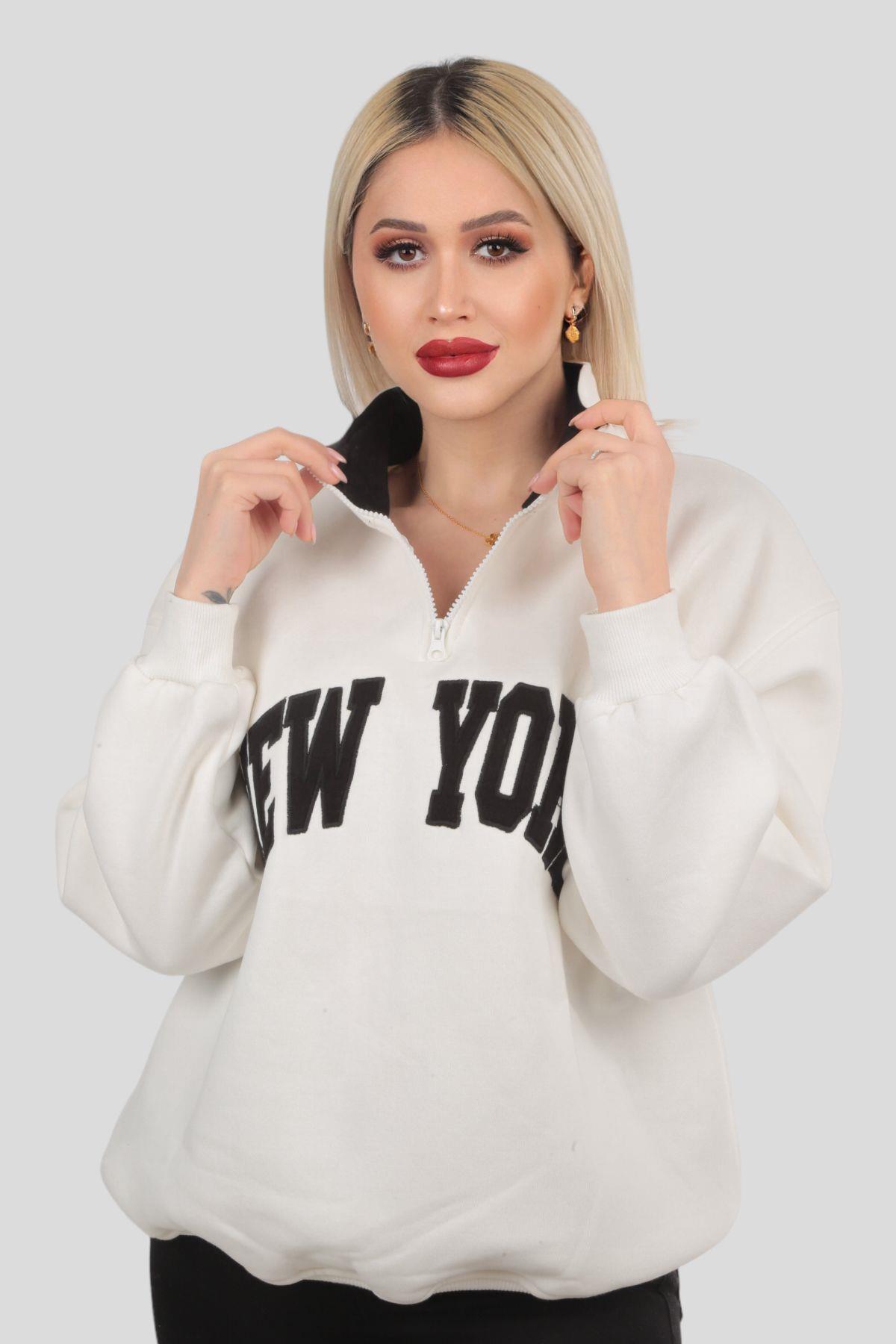 3623 New York Baskılı Fermuarlı Sweat Ekru - 4