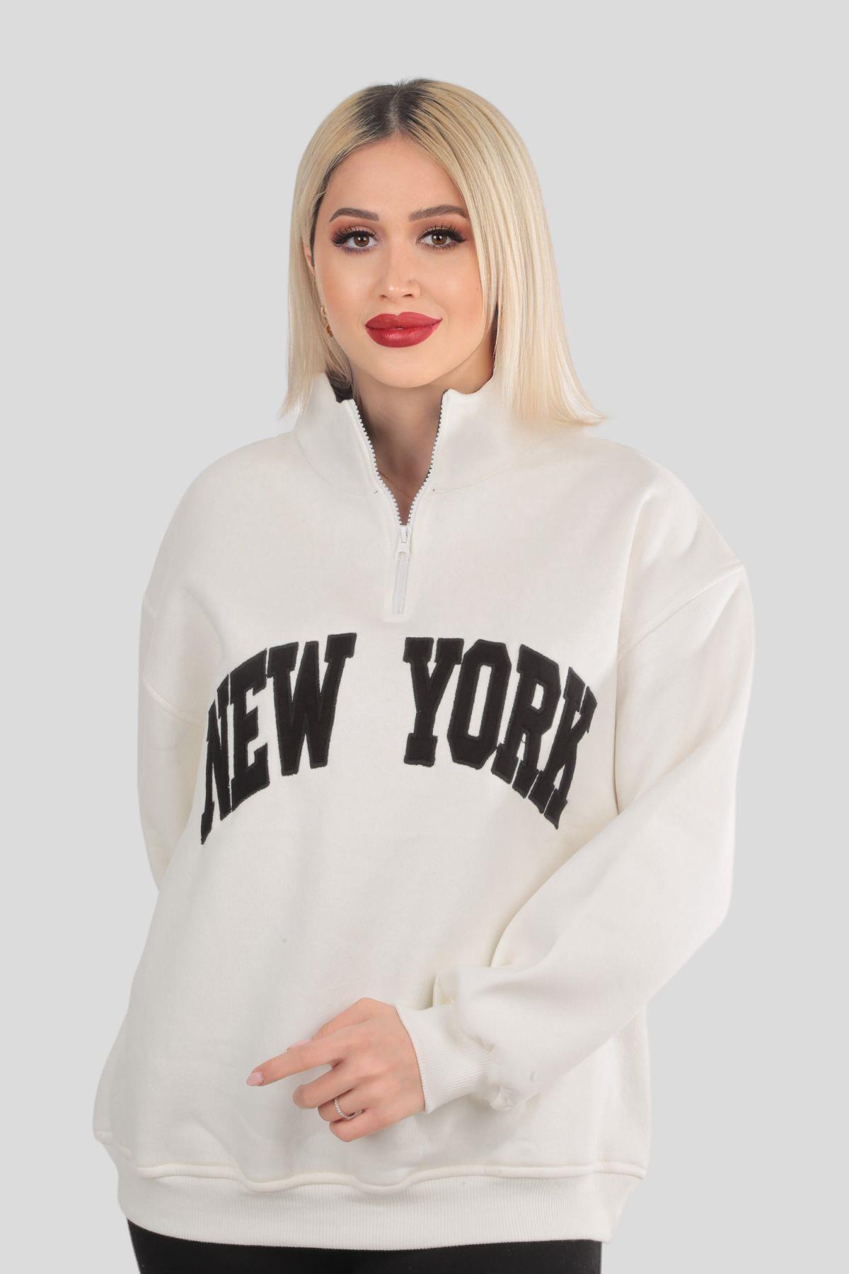 3623 New York Baskılı Fermuarlı Sweat Ekru - 1