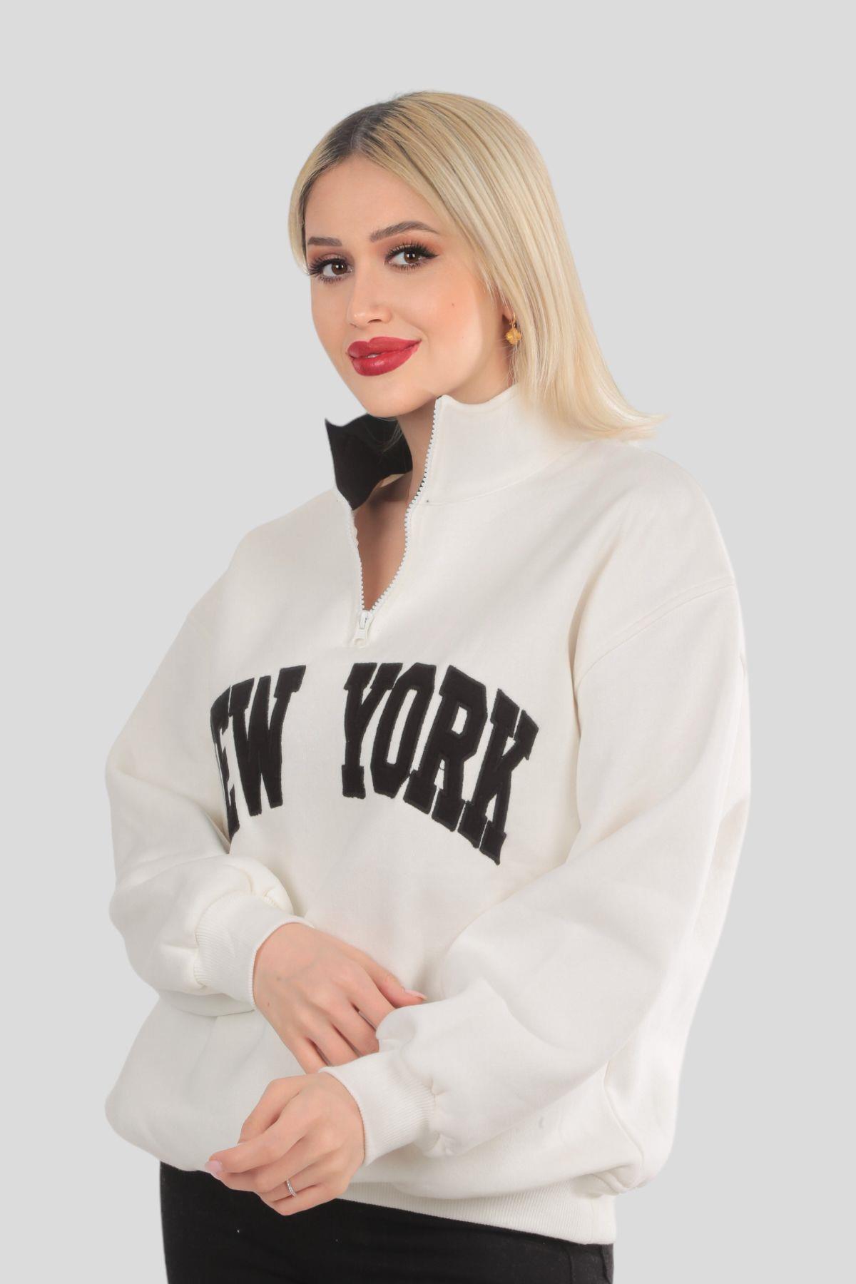 3623 New York Baskılı Fermuarlı Sweat Ekru - 5
