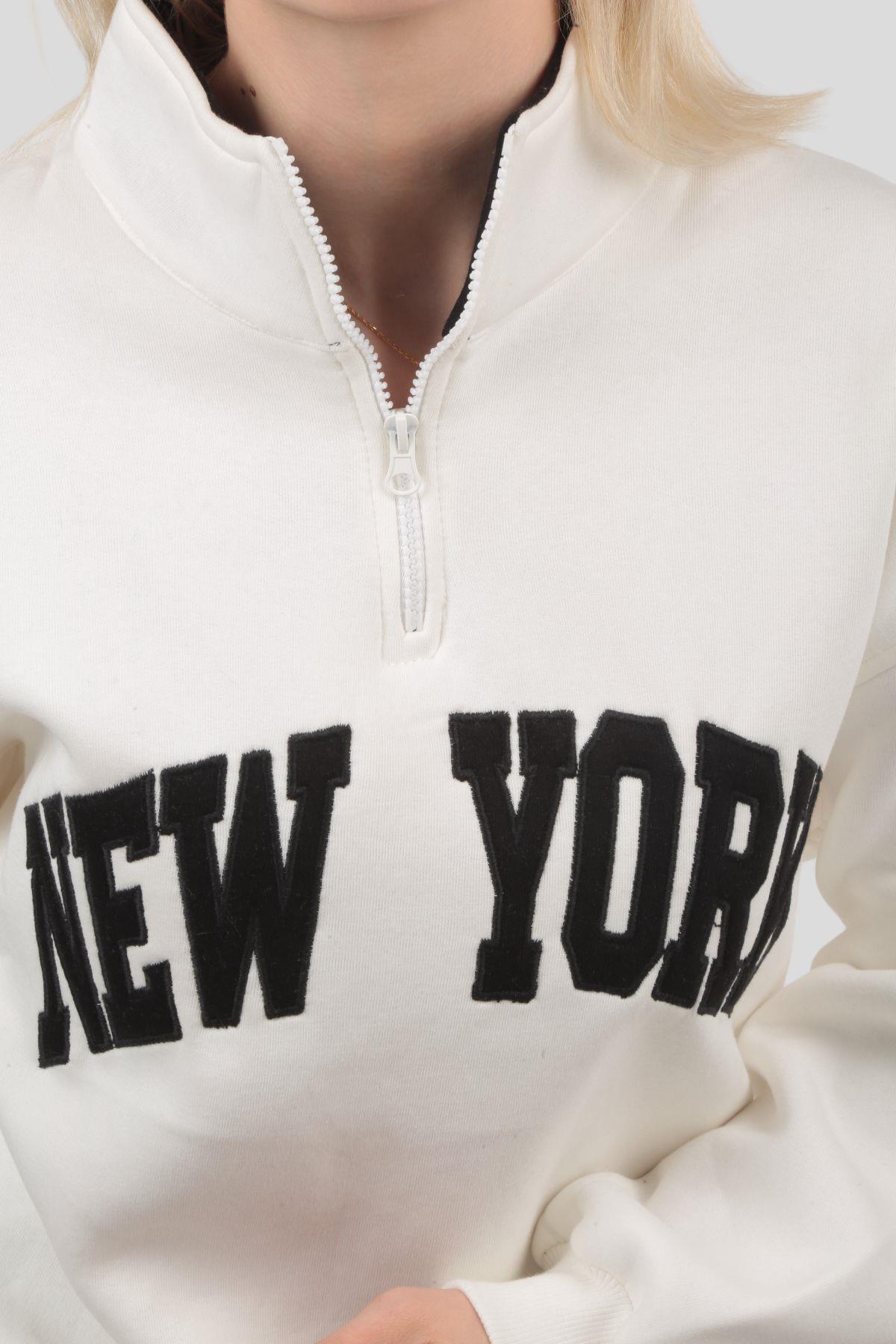 3623 New York Baskılı Fermuarlı Sweat Ekru - 6
